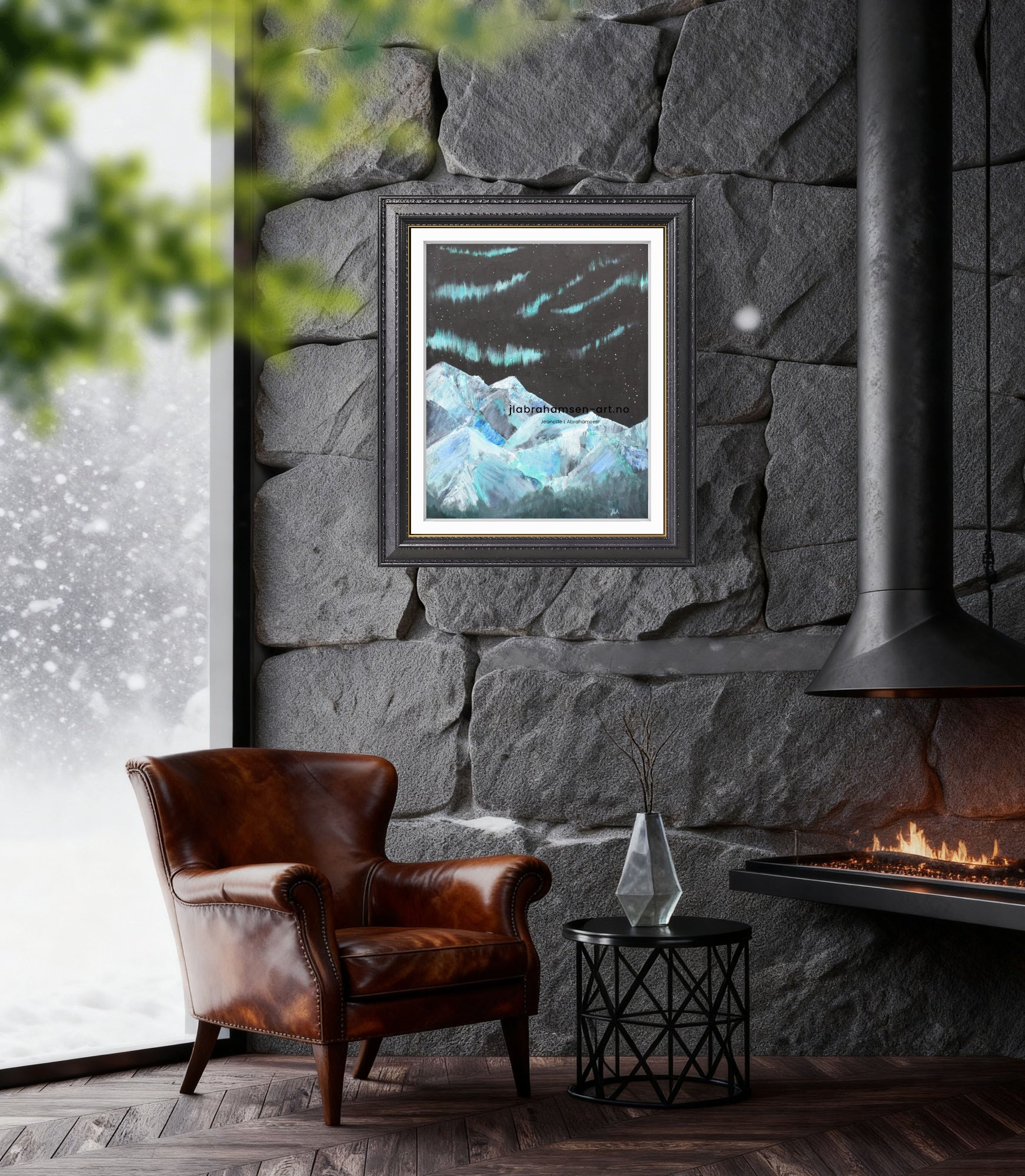 Signert kunstprint "Nordic Lights" 50x70 cm av JL Abrahamsen – nordlys over nordisk landskap til hytten