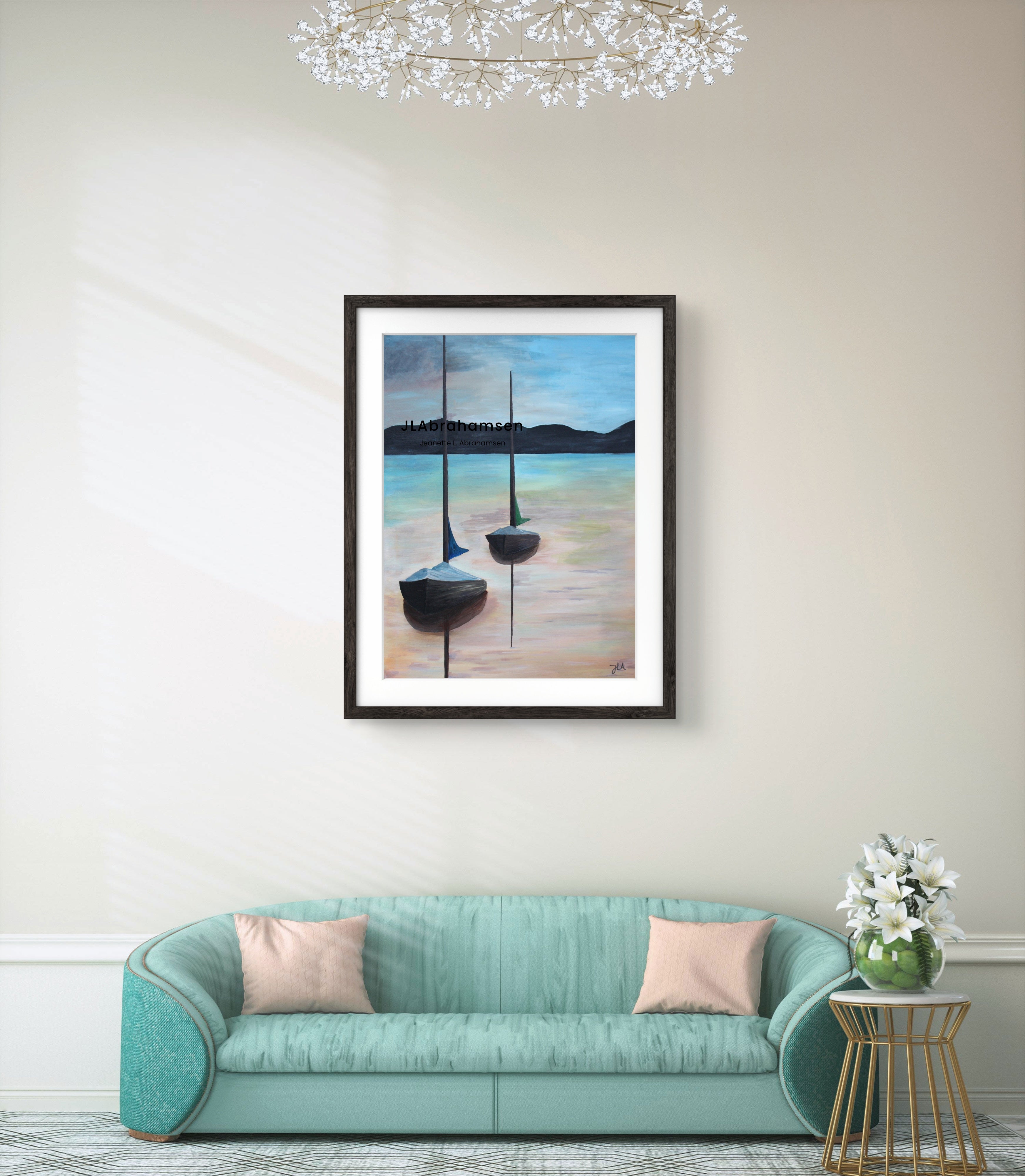 Signert kunstprint "Peaceful Days" 60x80 cm av JL Abrahamsen – to seilbåter en sommerdag, nordisk maritim kunst, begrenset opplag. Calm art