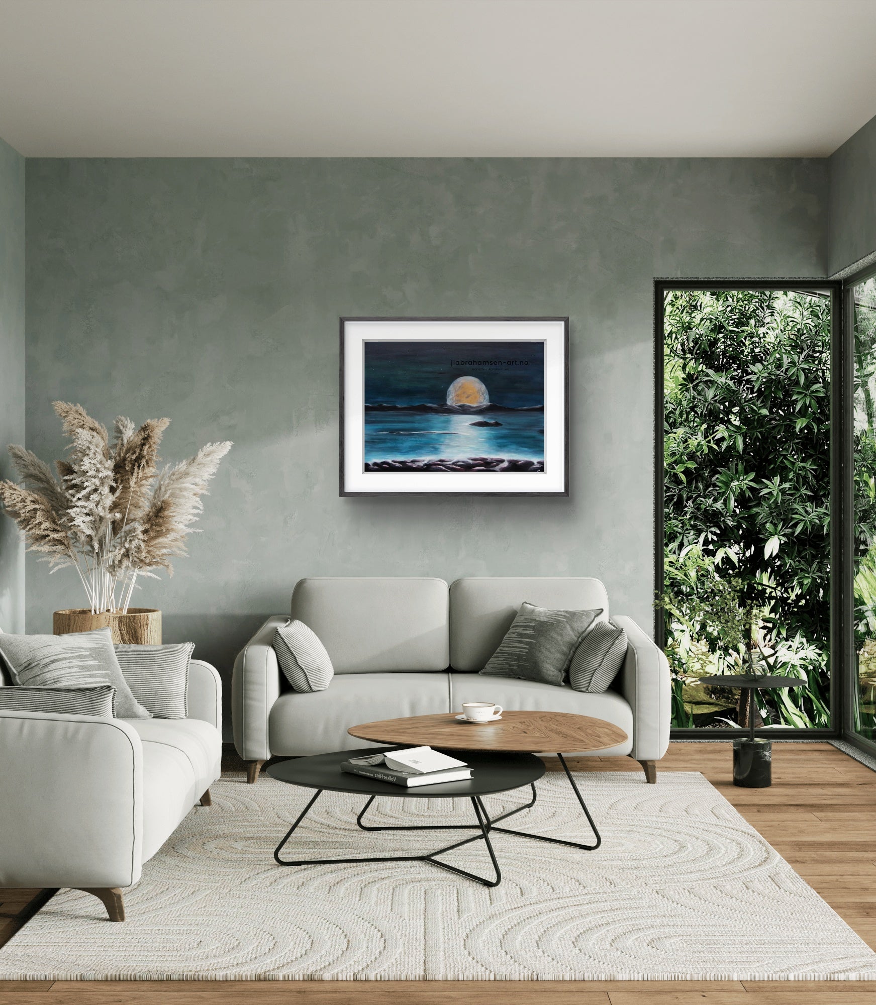 Signert kunstprint  "Moonlight" 70x100 cm – månen i horisonten over havet,  maritim kunst til stuen av JL Abrahamsen. Abstrakt realisme i blåtoner.