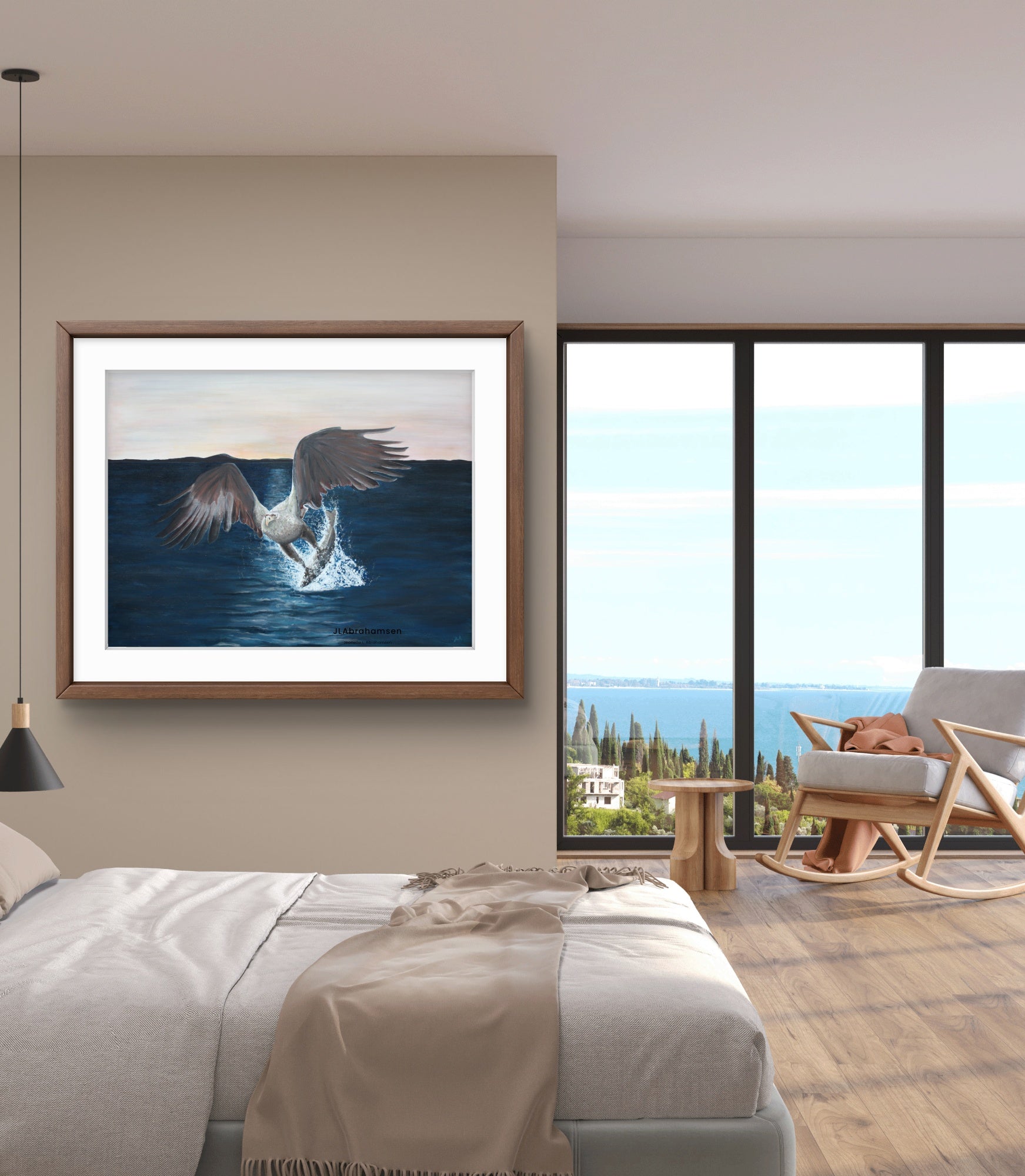 Signert kunstprint "Strength in Silence" av JL Abrahamsen –  stor ørn fanger fisk i havet, nordisk natur. Nydelig til soverommet