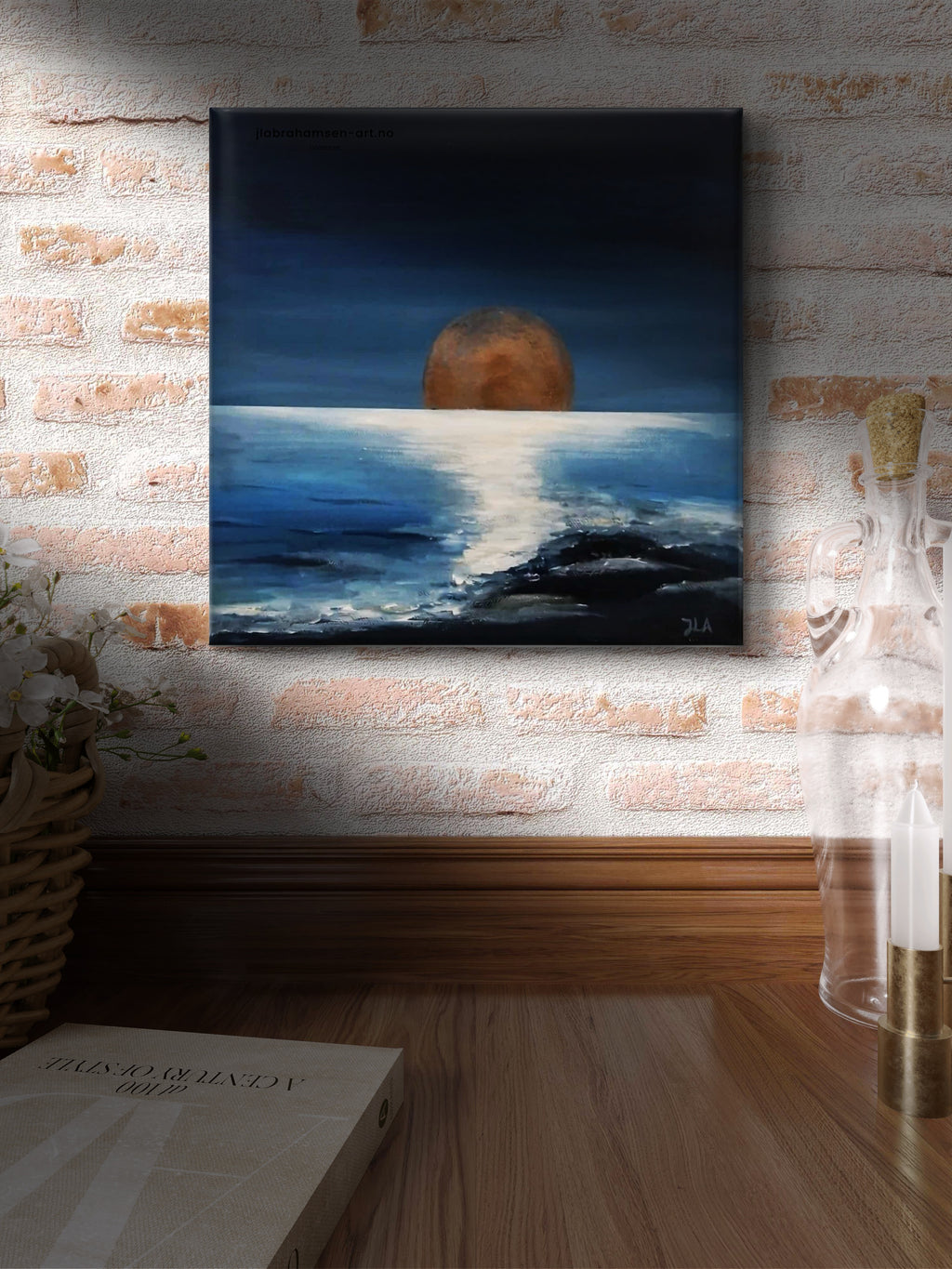 Peace of Mind akrylmaleri 30x30 cm – måne over havet av JL Abrahamsen