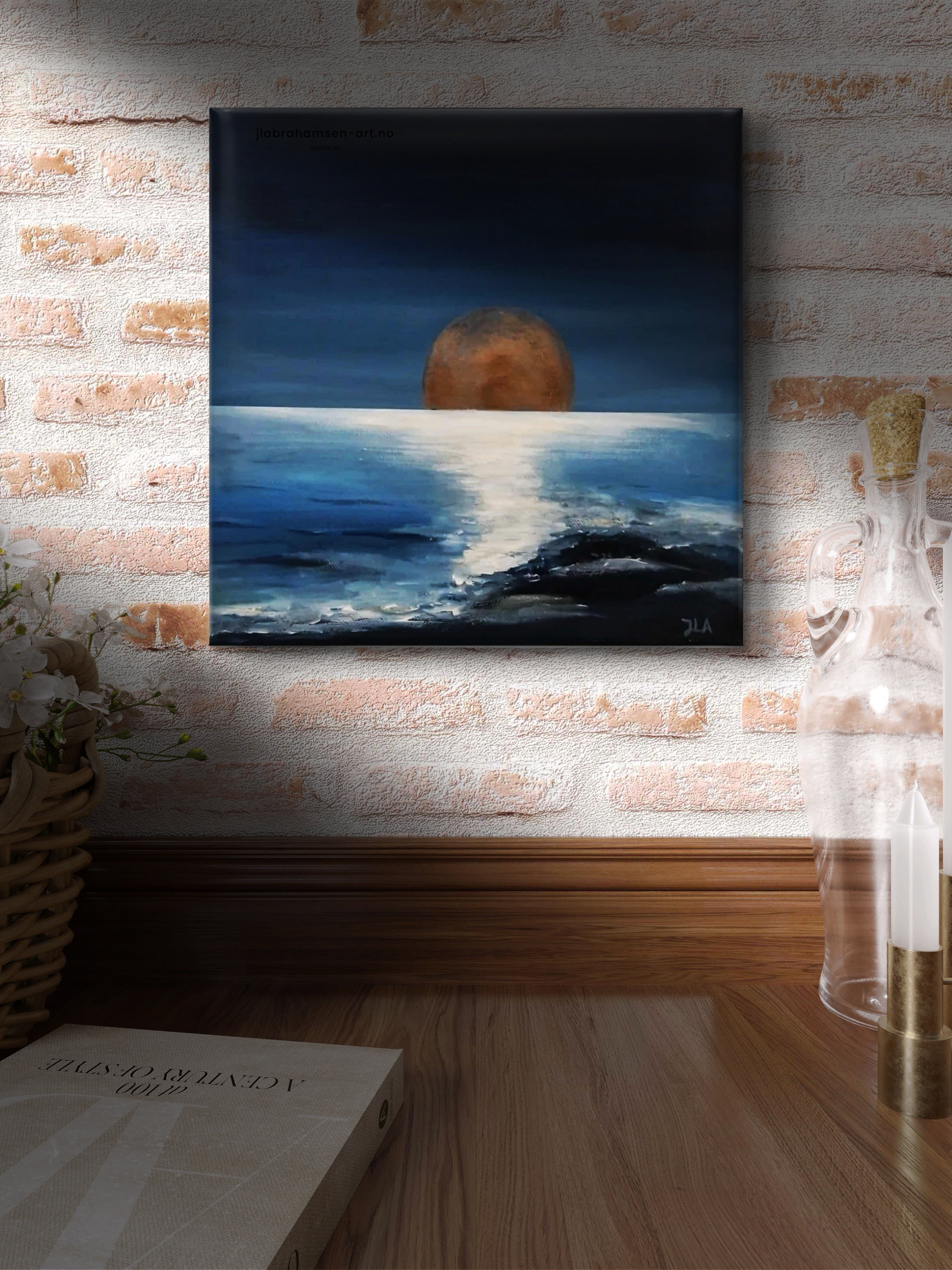 Peace of Mind akrylmaleri 30x30 cm – måne over havet av JL Abrahamsen