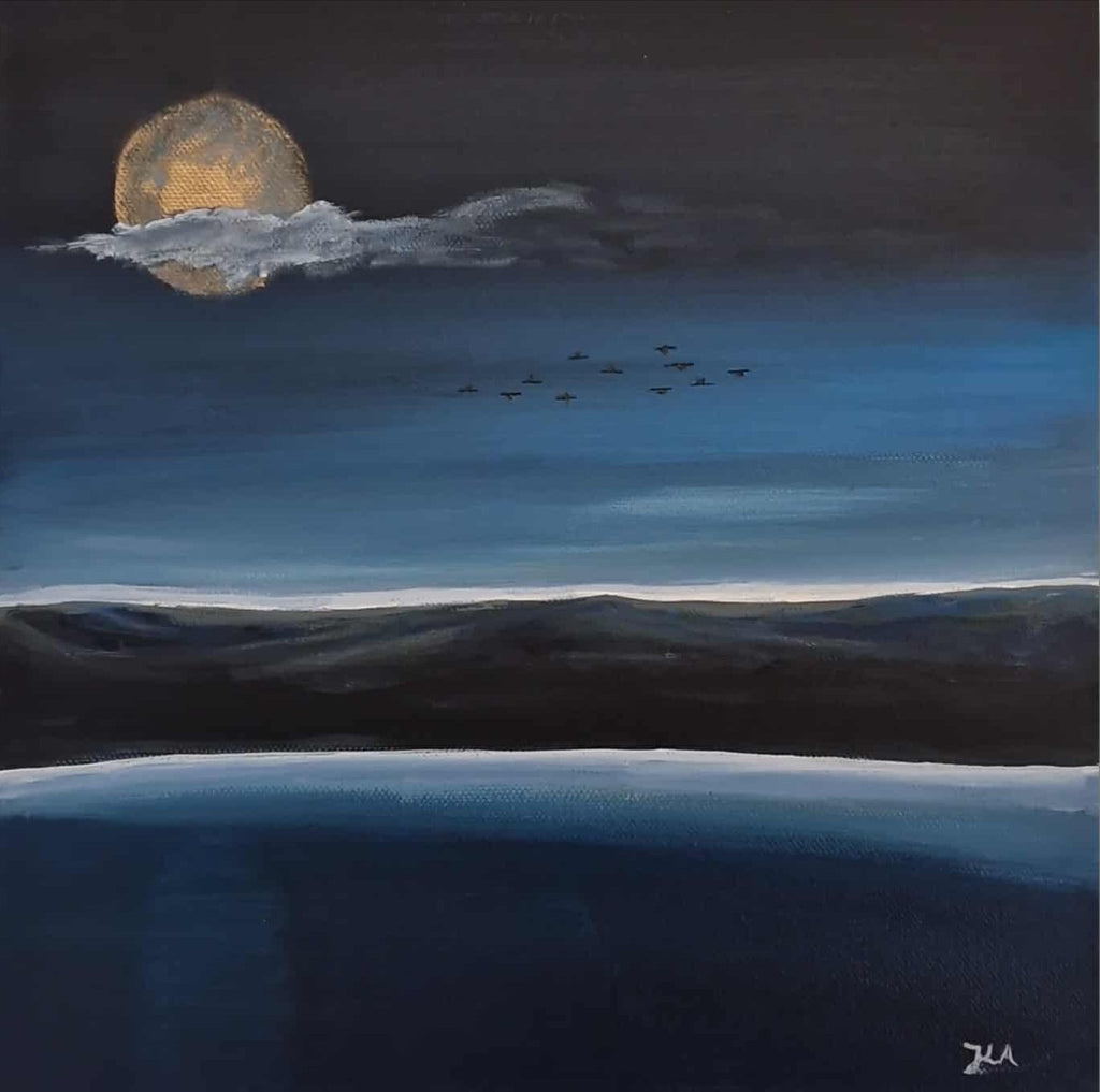 Original maleri "Silence" 30x30 cm av JL Abrahamsen – stille hav og fullmåne, nordisk maritim kunst