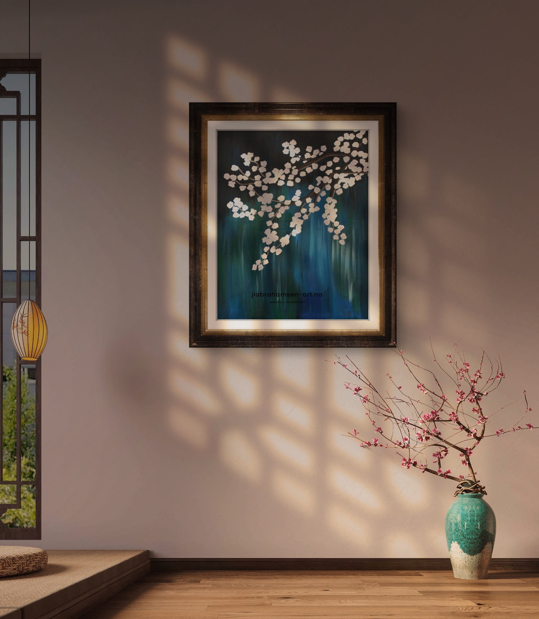 Signert kunstprint "Cherry Blossom" 50x70 cm av JL Abrahamsen – kirsebærblomster i blomstring, nordisk kunst til meditasjon. Calm art and domestic rituals.