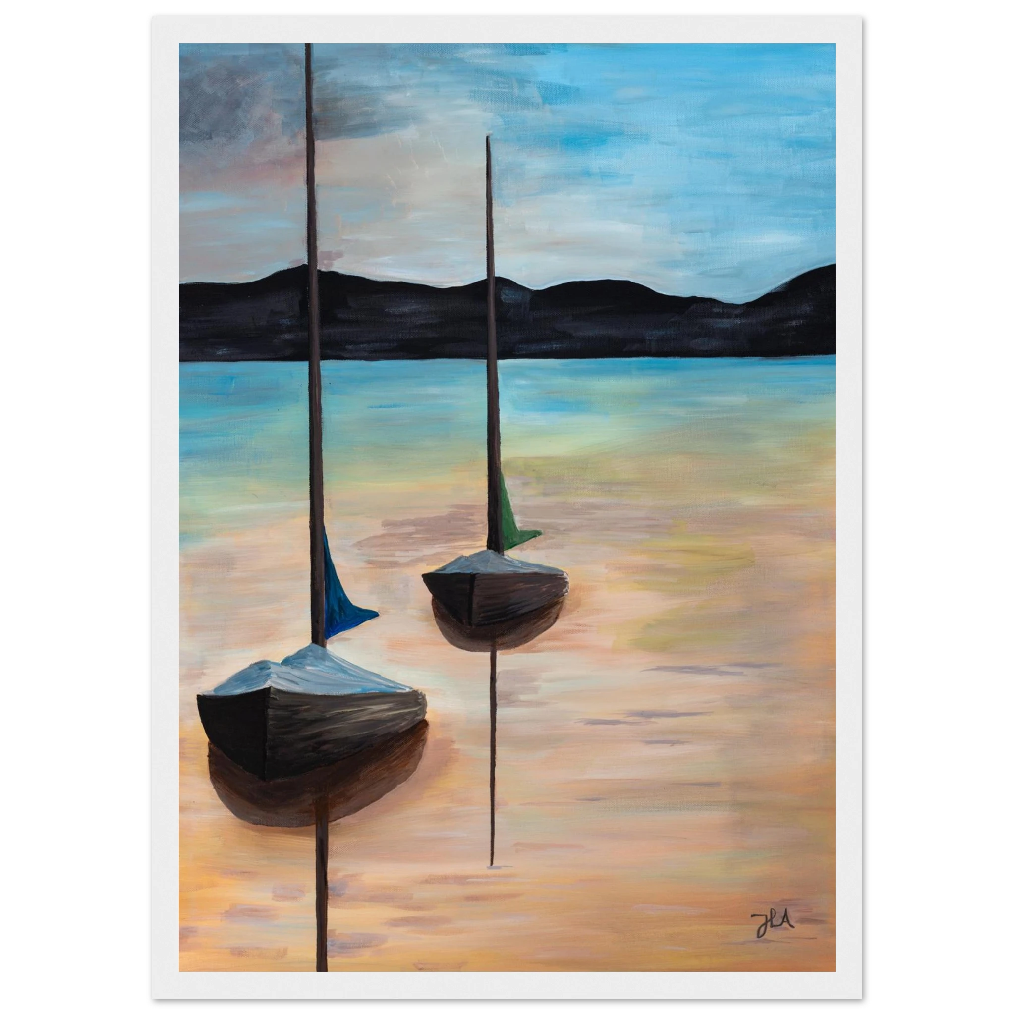 Kunst plakat i ulike størrelser av norsk kunstner JL Abrahamsen, maritim kunst av seilbåter som gir ro og varme