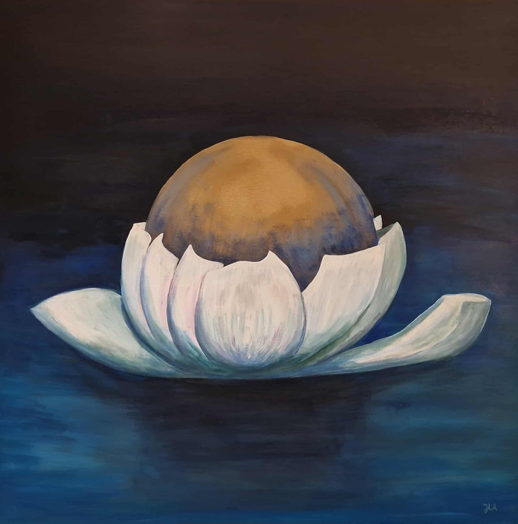 Signert kunstprint "The Water Lily" 60x60 cm av JL Abrahamsen – vannlilje flyter på blågrønt vann