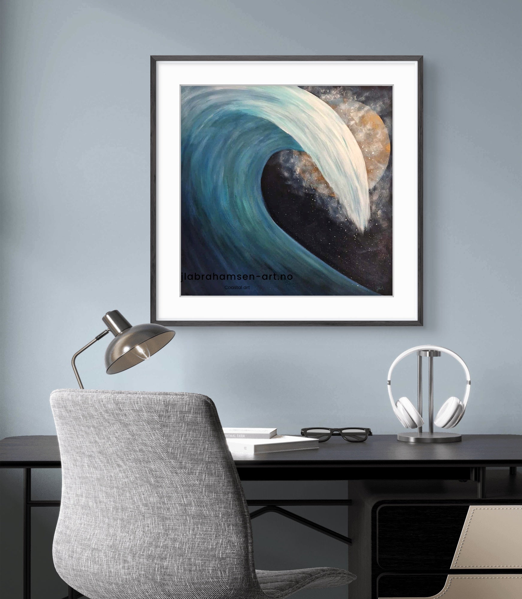 The Wave of Life signert kunst print 60x60 cm  til stuen eller kontoret – bølge i måneskinn av JL Abrahamsen