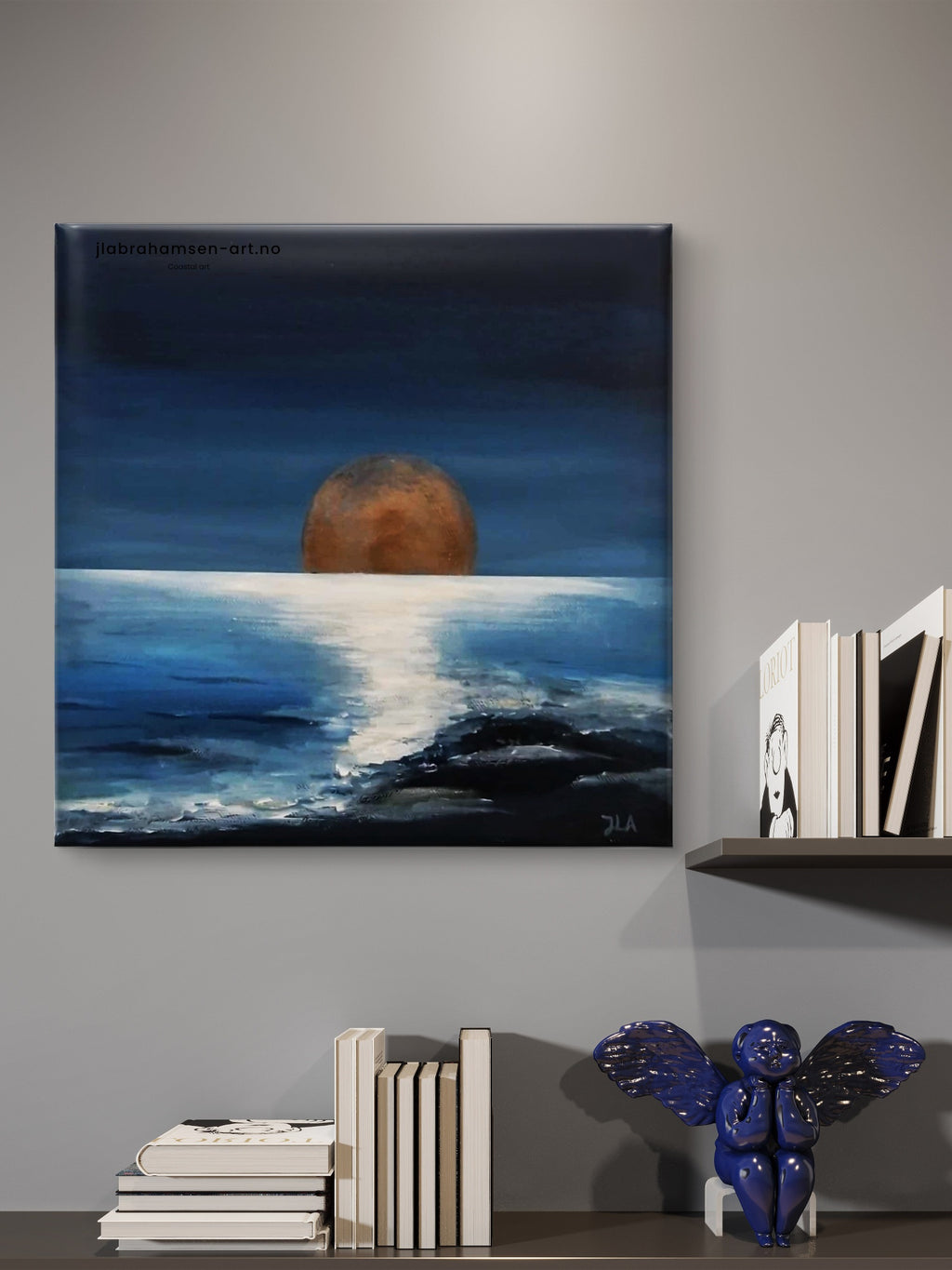 Peace of Mind akrylmaleri 30x30 cm – måneskinn over havet av JL Abrahamsen. Maritim og fredelig kunst