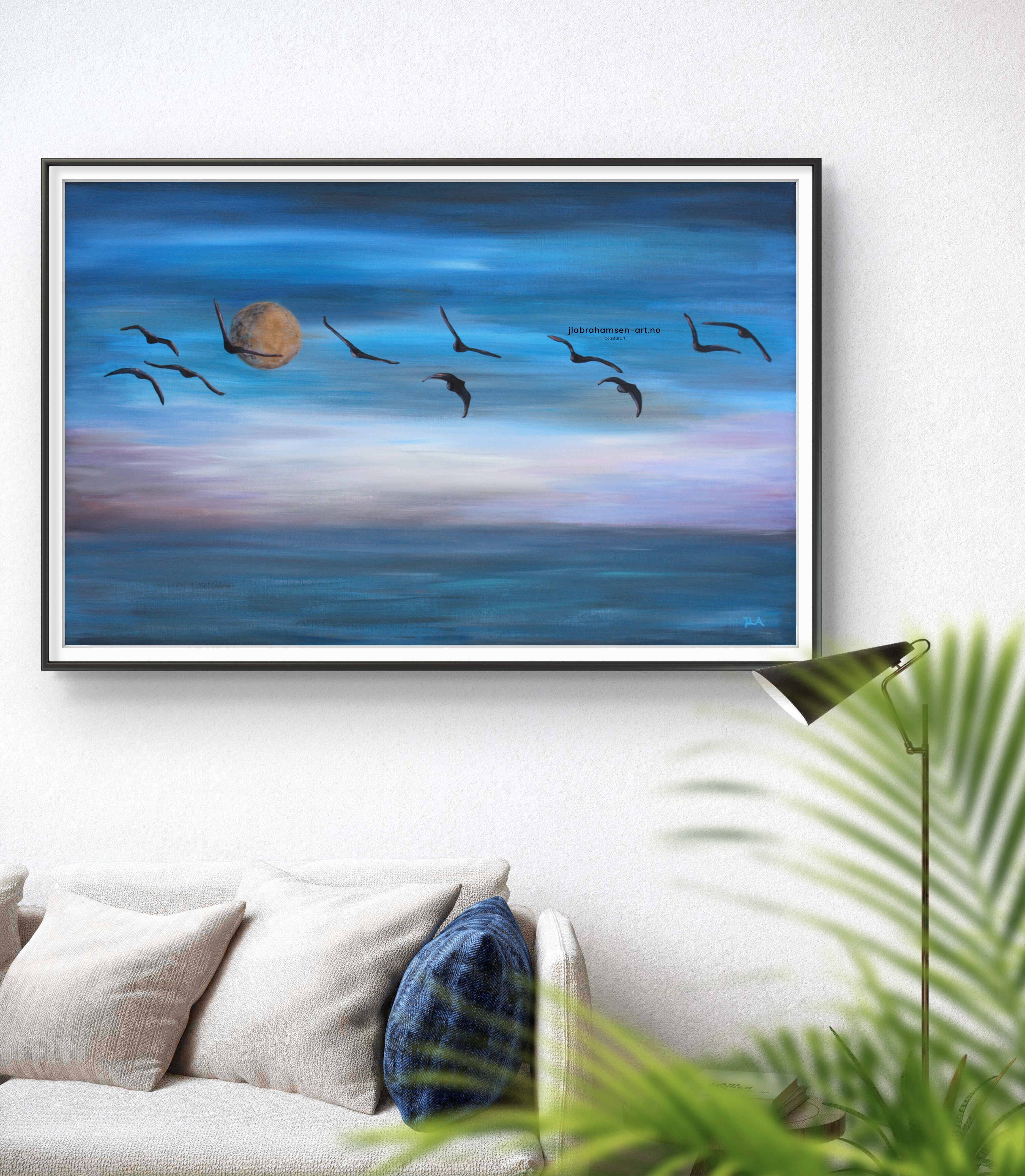 Kunst print av "The Wings of Freedom" 70x100 cm av JL Abrahamsen – fugleflokk over havet med måne, nordisk maritim kunst, coastal calm art from Norway