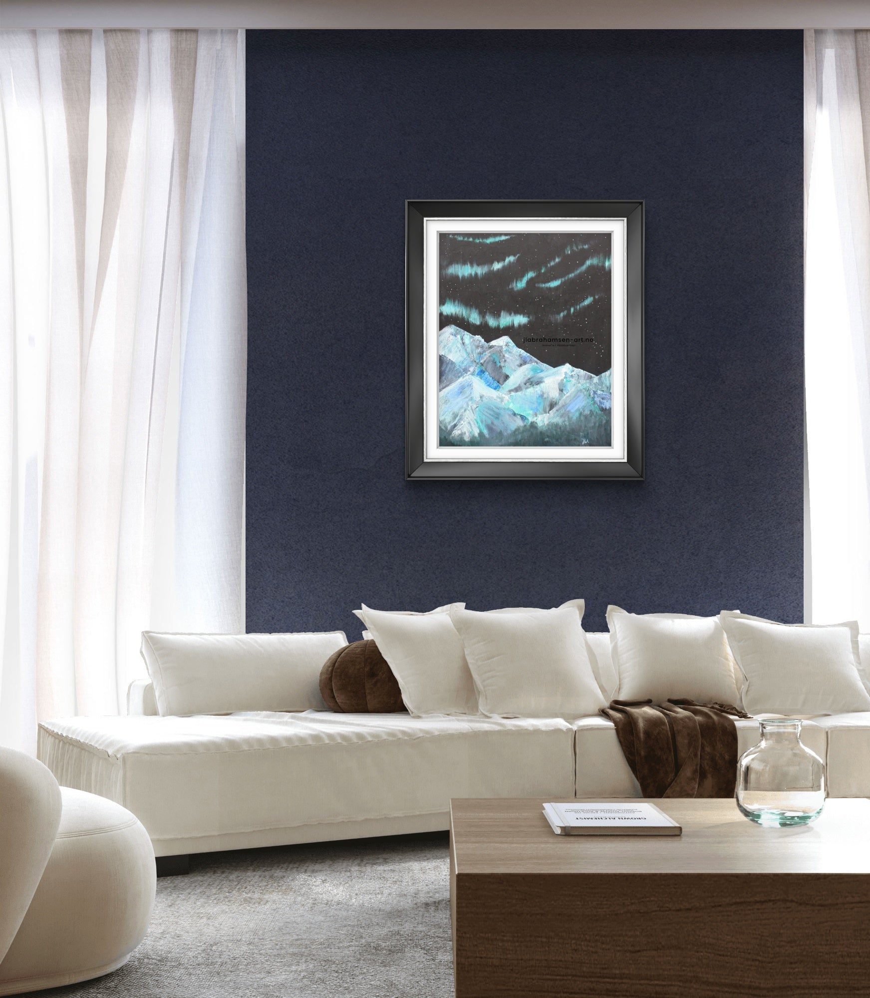 Signert kunstprint "Nordic Lights" 50x70 cm av JL Abrahamsen – nordlys over nordisk landskap, kunst til stuen. Calm art