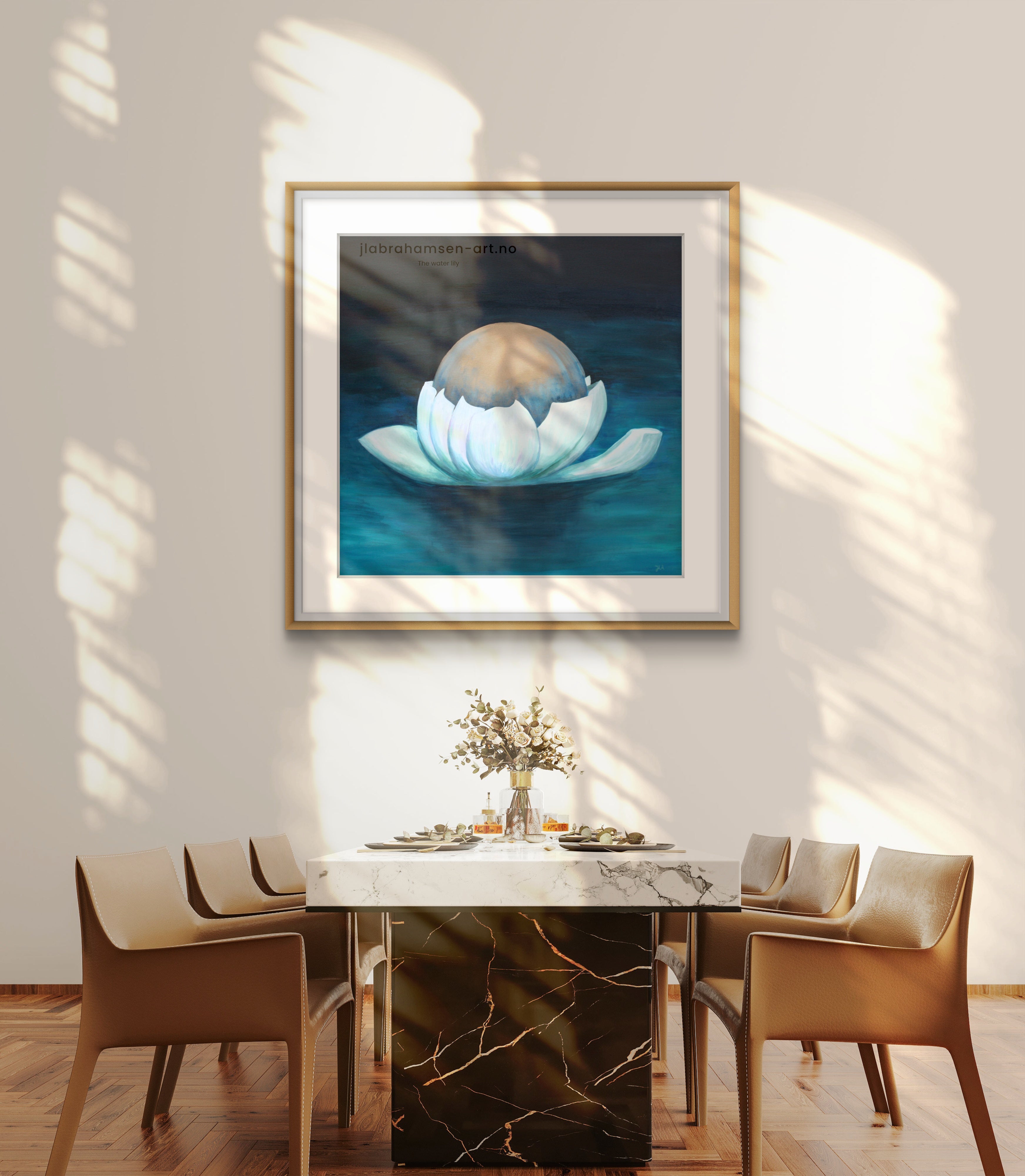 Signert kunstprint "The Water Lily" 90x90 cm til spisestuen av JL Abrahamsen – vannlilje flyter på blågrønt vann