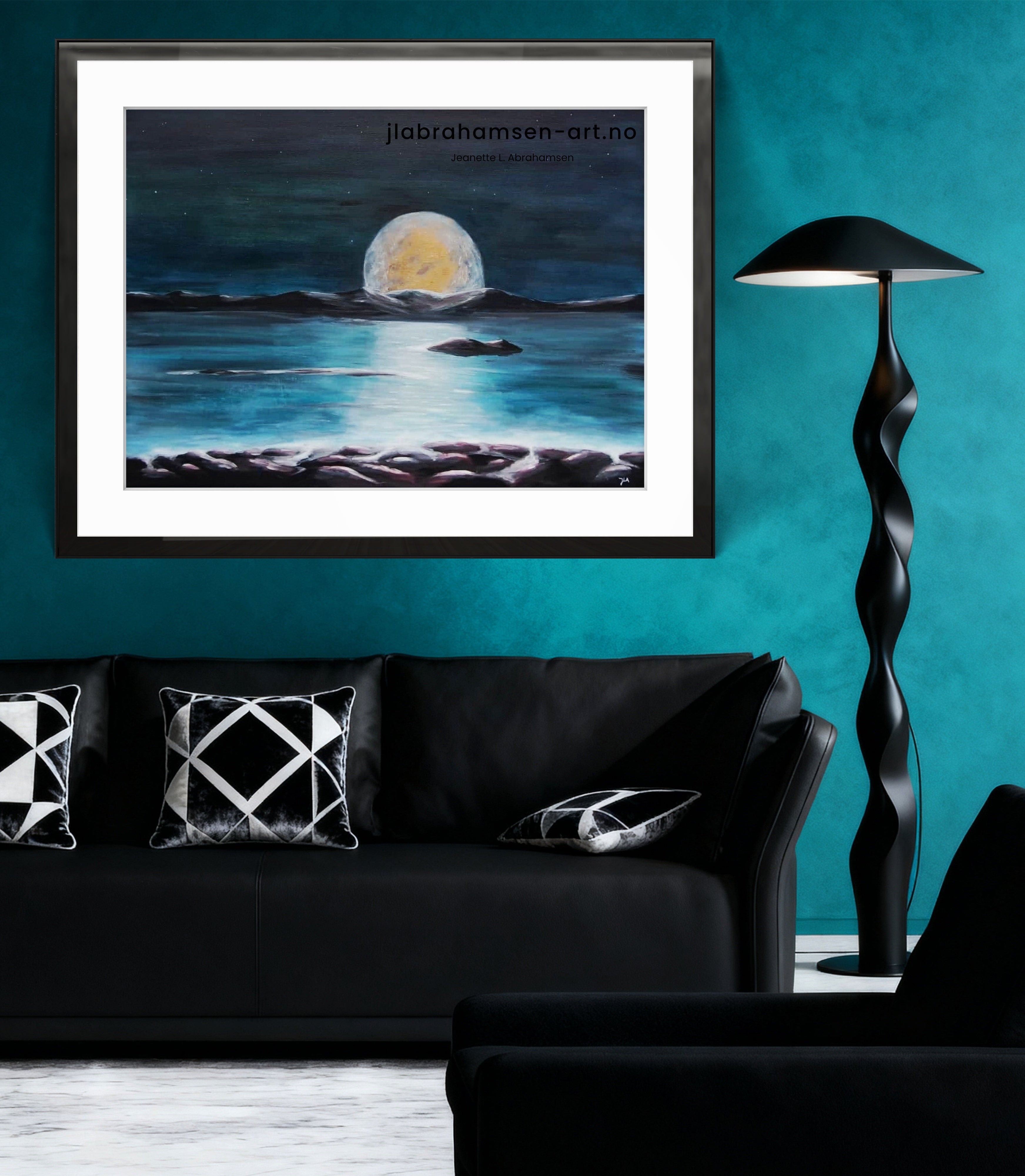 Signert kunstprint  "Moonlight" 70x100 cm – månen i horisonten over havet,  maritim kunst til stuen av JL Abrahamsen. Abstrakt realisme i blåtoner.