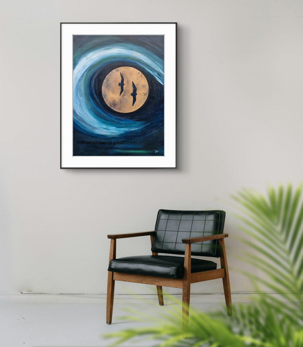 Kunst print 60 x 80 cm av JL Abrahamsen – abstrakt realisme som gir ro til hjemmet, nordisk blå kunst, calm art