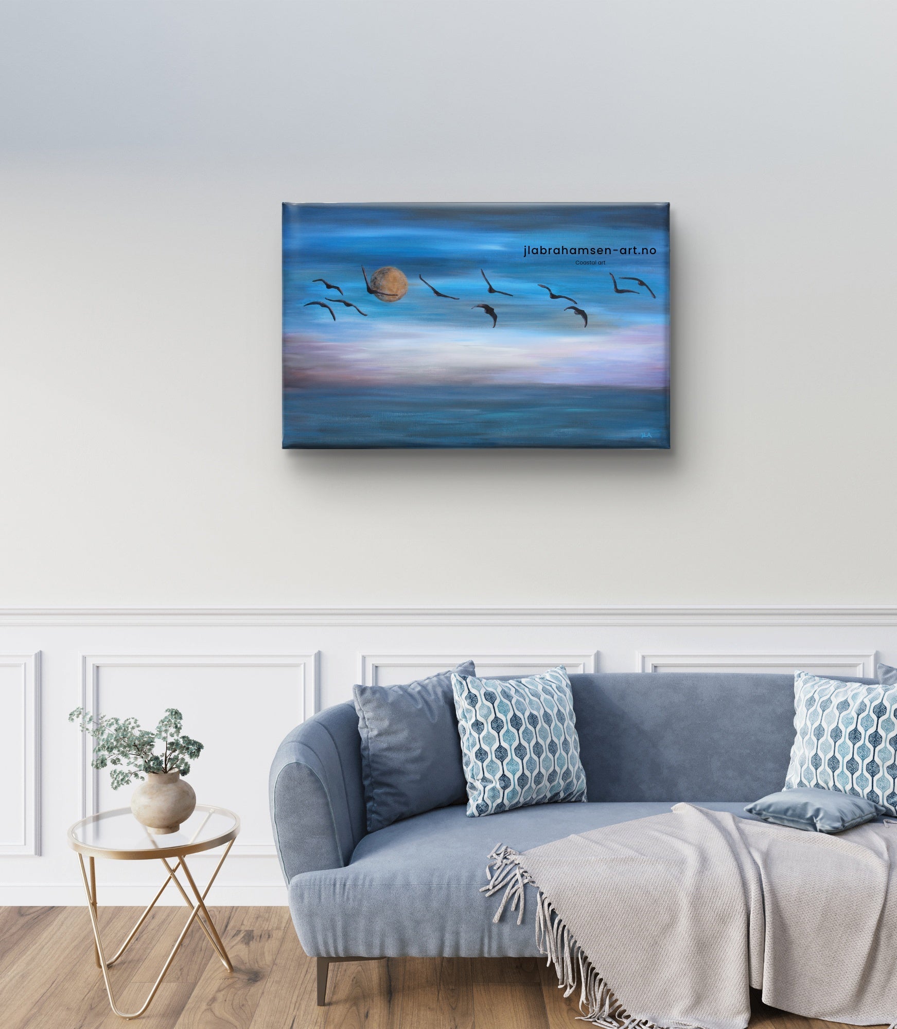 Original maleri "The Wings of Freedom" 70x100 cm av JL Abrahamsen – fugler i flokk over havet med måne, nordisk maritim kunst til din stue