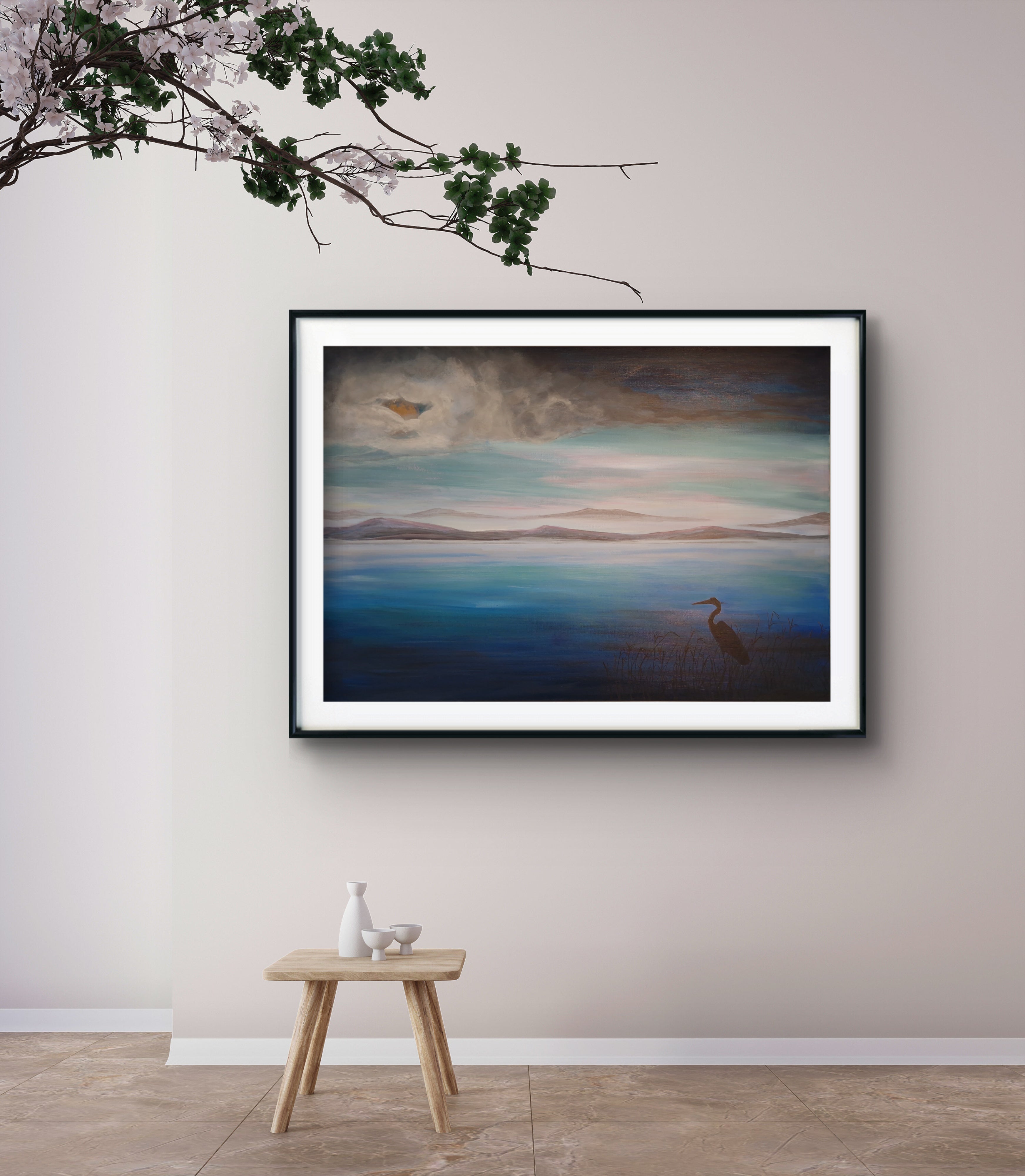Signert kunstprint "Patience" 70x100 cm av  bergenske kunstner JL Abrahamsen – hegre ved vannkanten i blåtoner med skodde