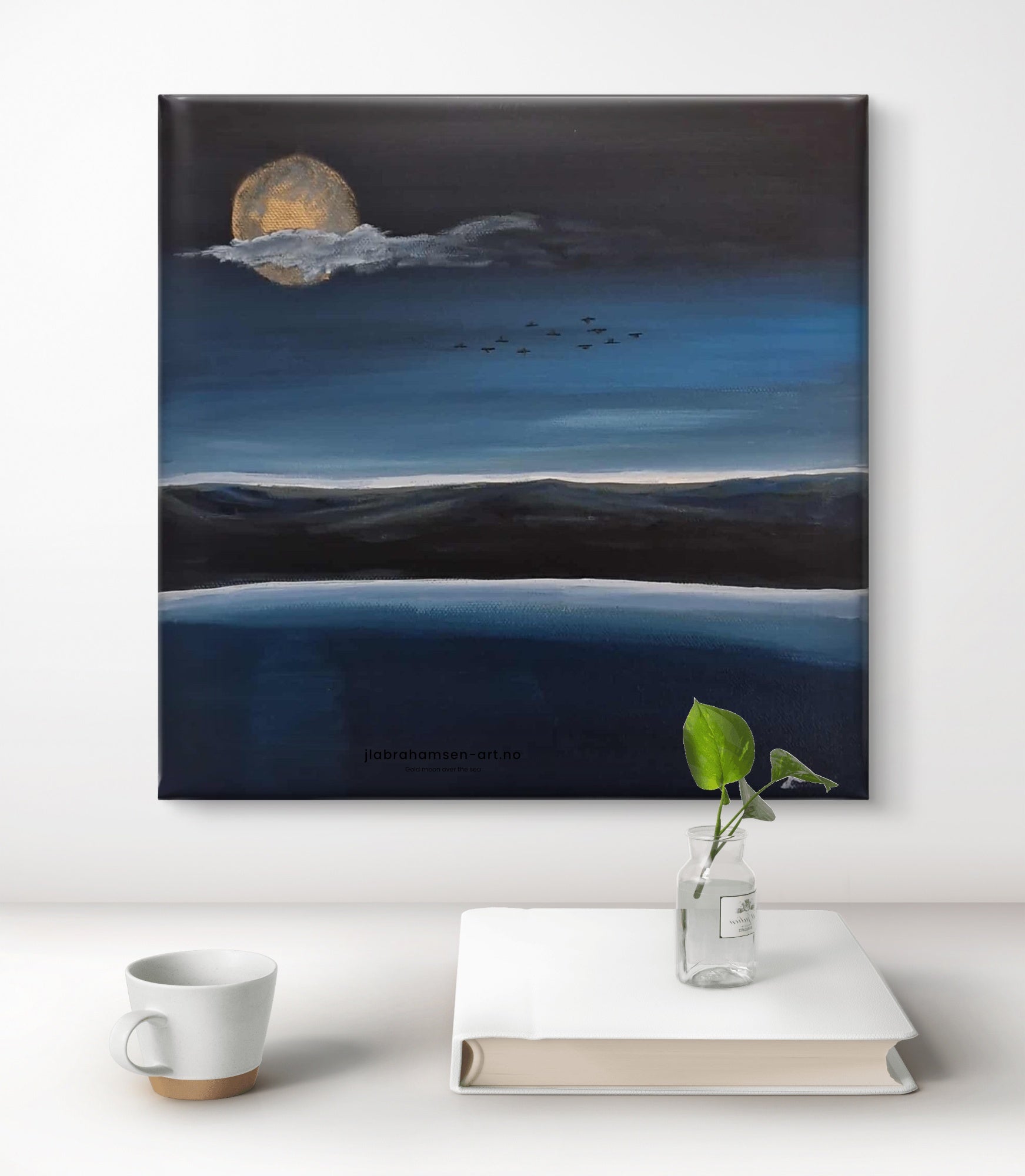 Original maleri "Silence" 30x30 cm av JL Abrahamsen – stille hav og fullmåne, nordisk maritim kunst