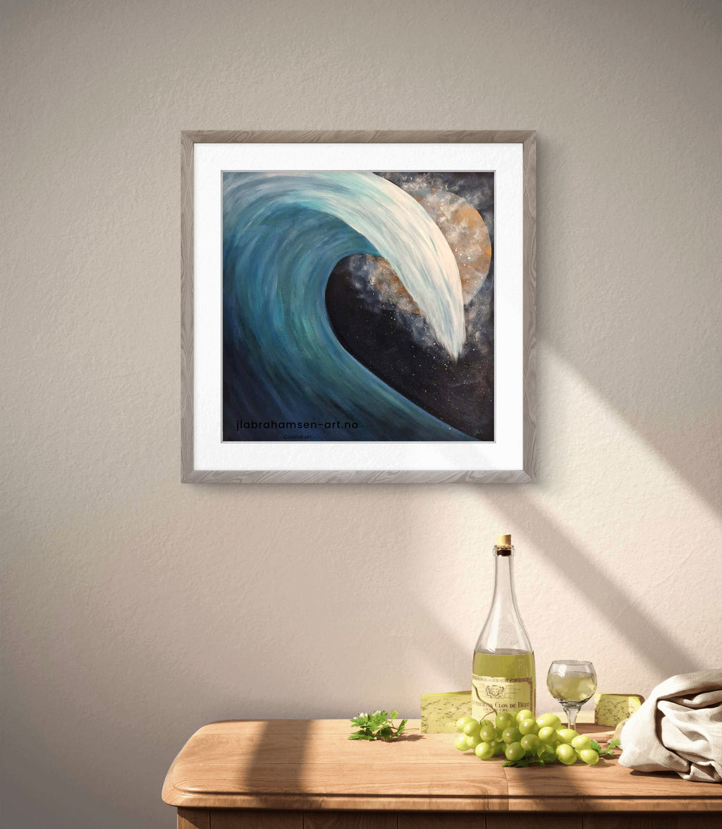 The Wave of Life signert kunst print 60x60 cm – bølge i måneskinn av JL Abrahamsen, norsk maritim kunst. Calm coastal art