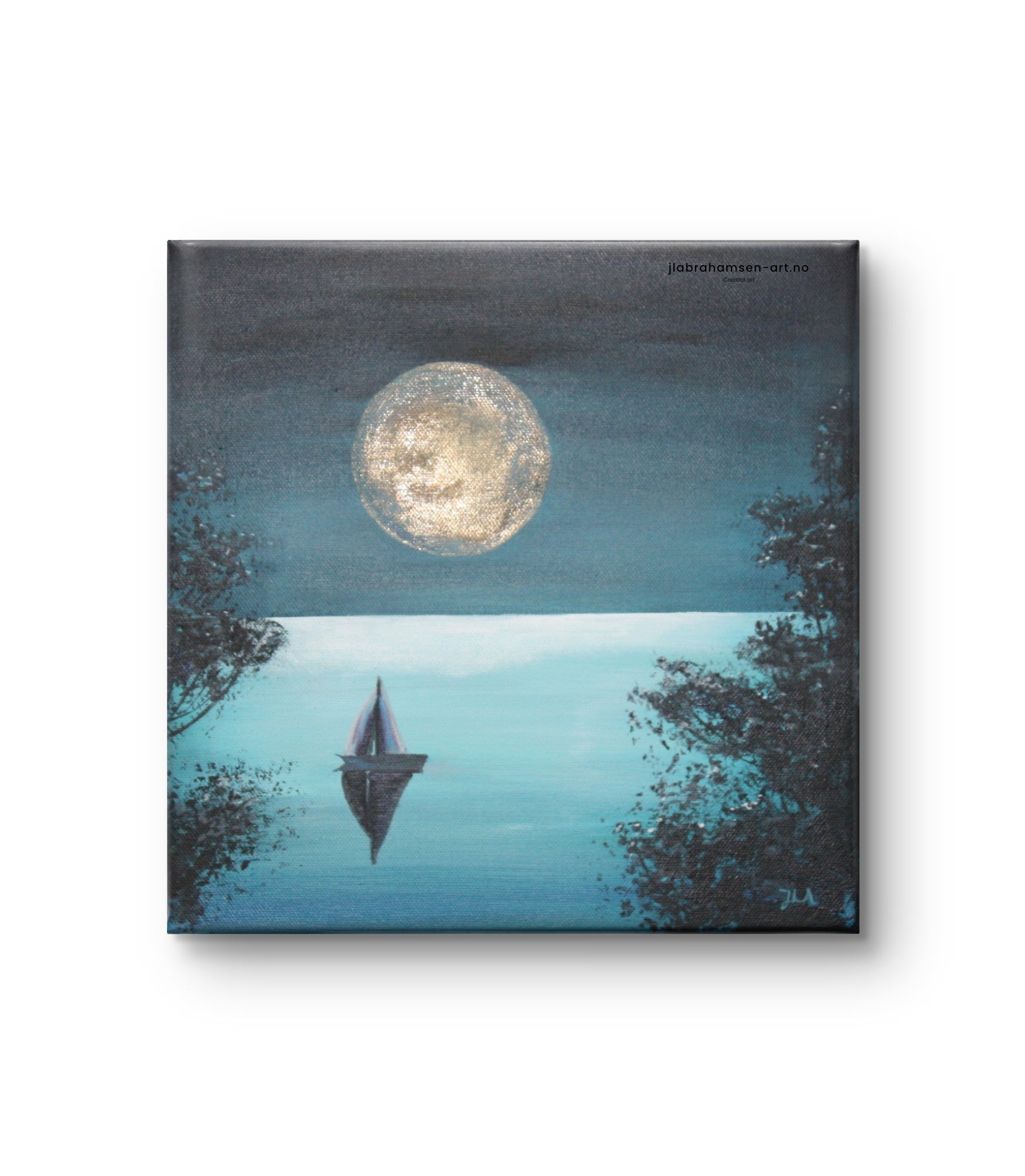 Original maleri "Silent Night" 30x30 cm av JL Abrahamsen – seilbåt på havet en stille natt med stor måne, nordisk maritim kunst