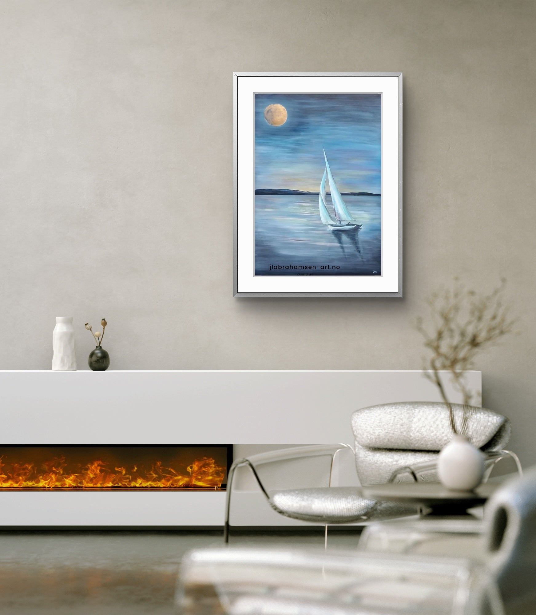 Signert kunstprint "Summer Night" 70x100 cm av JL Abrahamsen – seilbåt i måneskinn - rolig motiv til stuen. Calm art