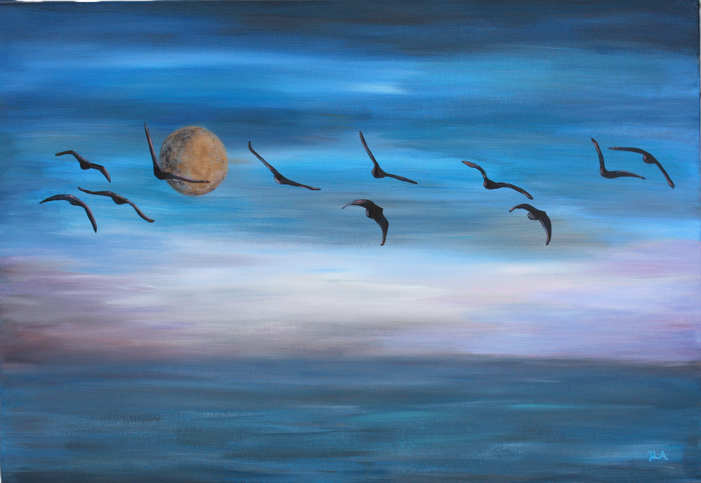 Kunst print av "The Wings of Freedom" 70x100 cm av JL Abrahamsen – fugleflokk over havet med måne, nordisk maritim kunst, calm art