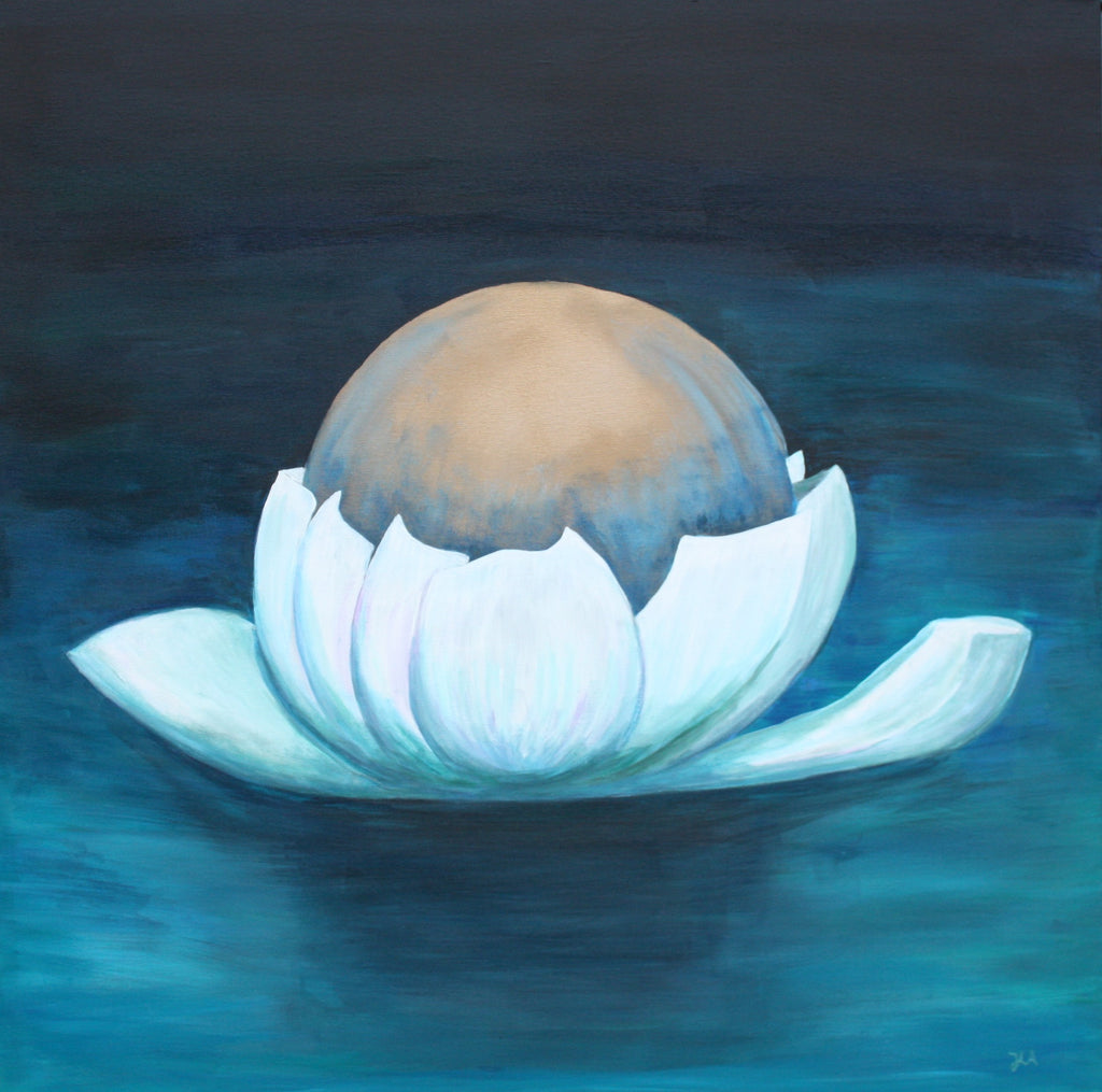 The Water Lily akrylmaleri 90x90 cm – blågrønn vannlilje av JL Abrahamsen