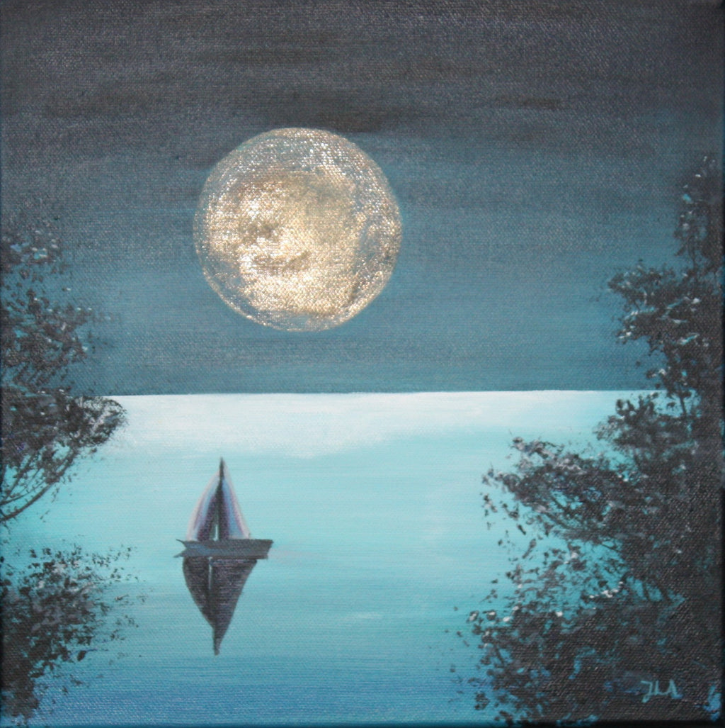 Original maleri "Silent Night" 30x30 cm av JL Abrahamsen – seilbåt på havet en stille natt med stor måne, nordisk maritim kunst