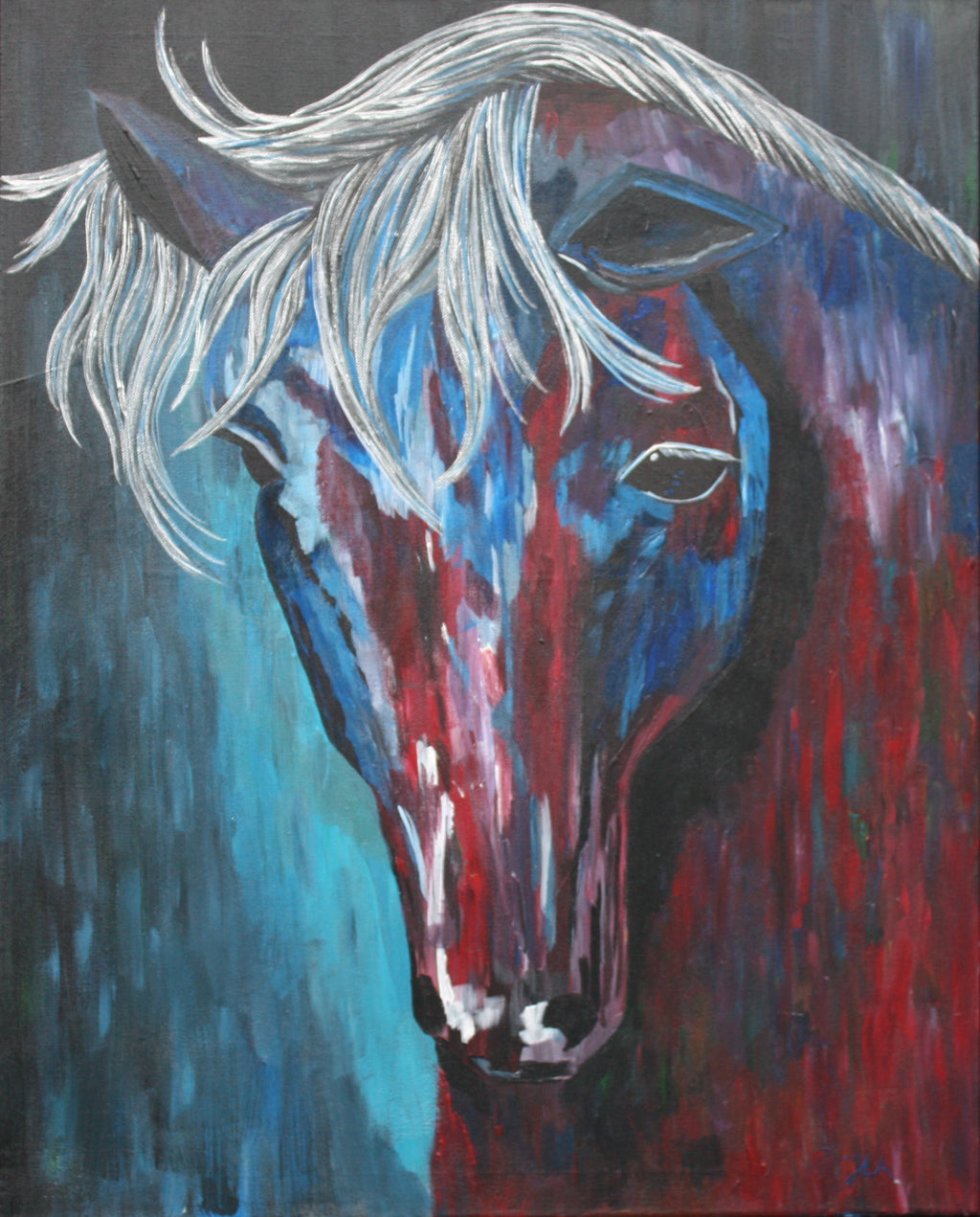 "I Am Listening" 50x70 cm signert kunstprint av norsk kunstner JL Abrahamsen, abstrakt hest i blå og sølvtoner