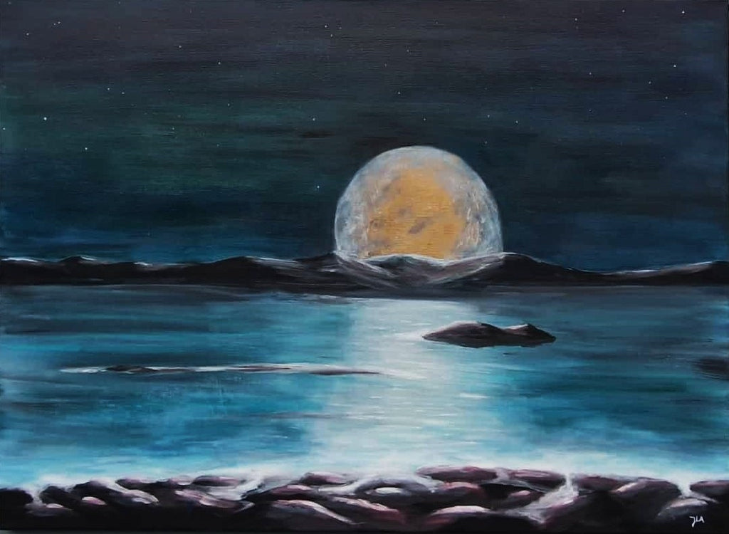Signert kunstprinti "Moonlight" 70x100 cm – månen står opp i horisonten over havet, nordisk maritim kunst av JL Abrahamsen. Abstrakt realisme