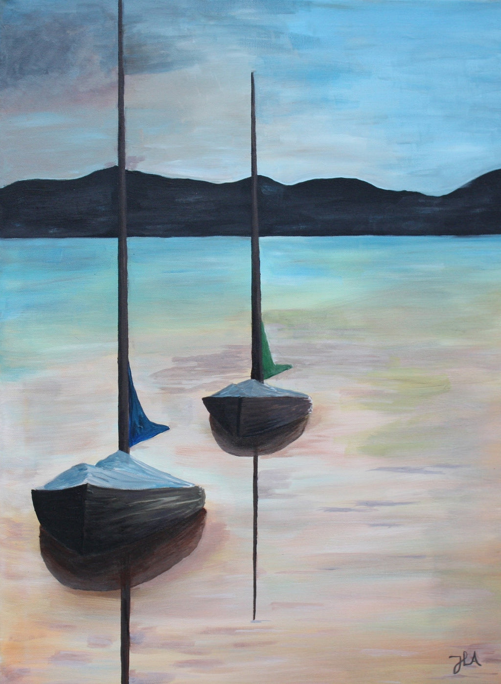 Signert kunstprint "Peaceful Days" 60x80 cm av JL Abrahamsen – to seilbåter en sommerdag, nordisk maritim kunst, calm art and domestic rituals