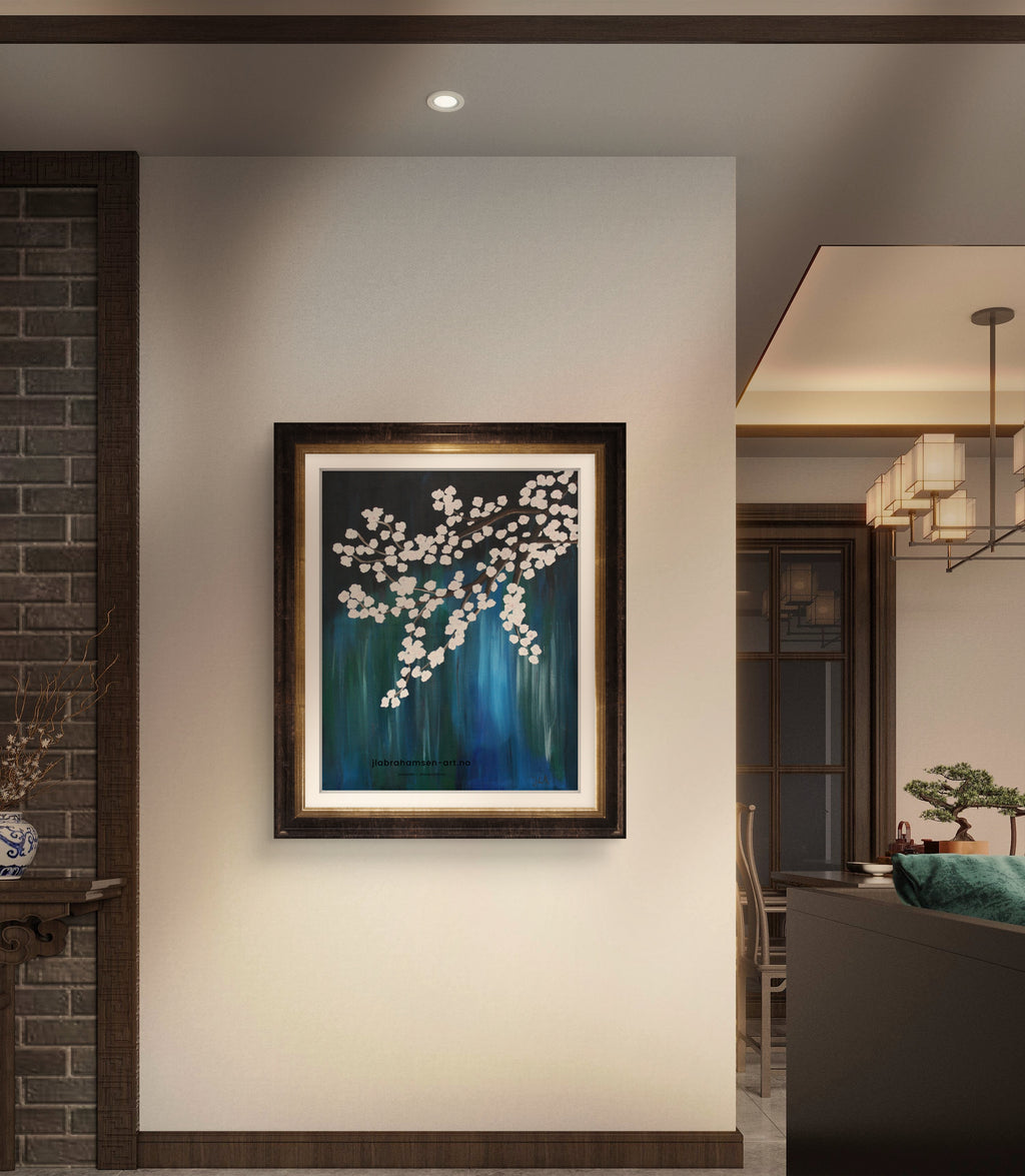 Signert kunstprint "Cherry Blossom" 50x70 cm av JL Abrahamsen – kirsebærblomster i blomstring, nordisk kunst. Calm art and domestic rituals