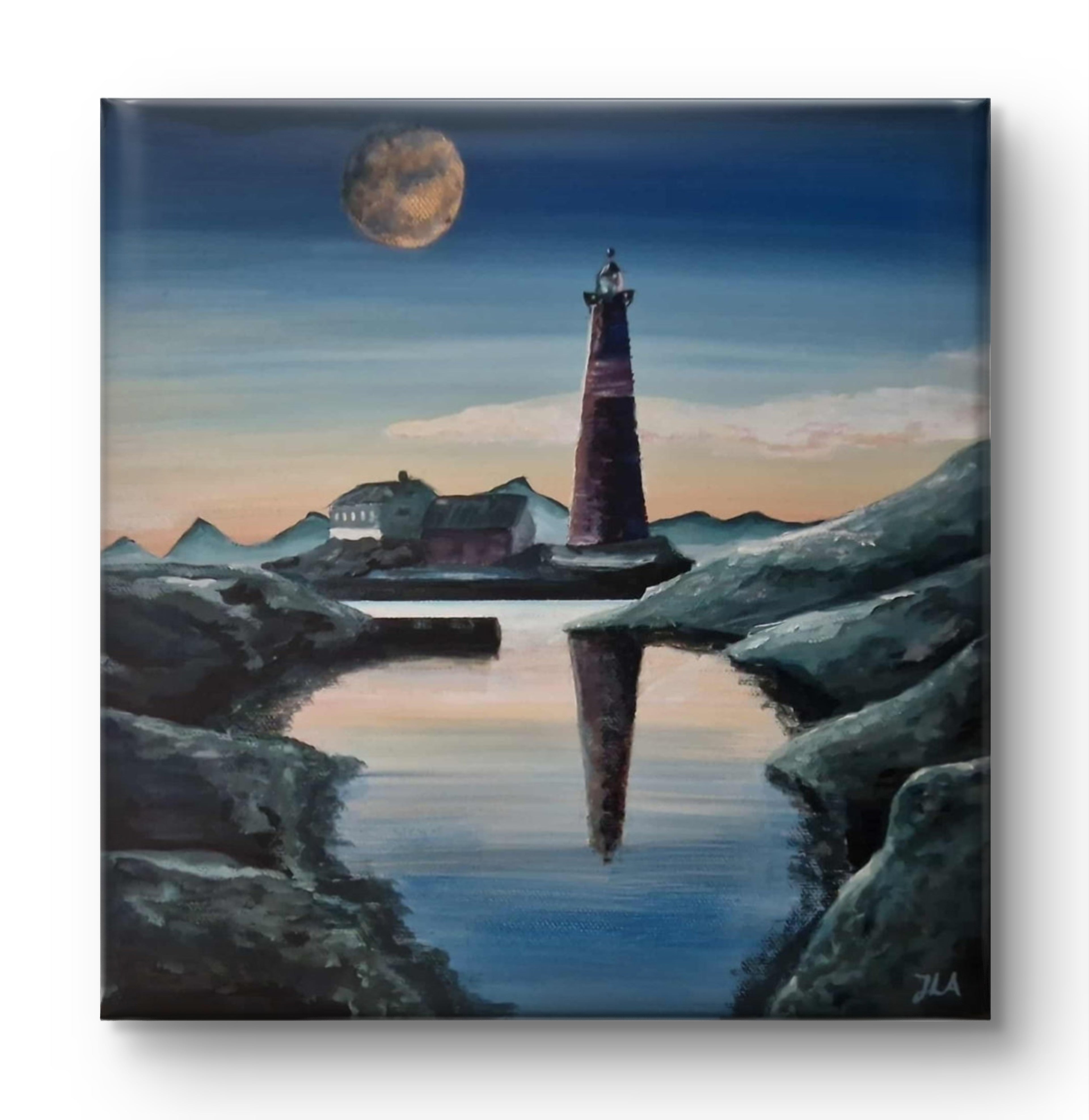 The Guardian akrylmaleri 30x30 cm – fyrtårn ved havet i måneskinn av JL Abrahamsen