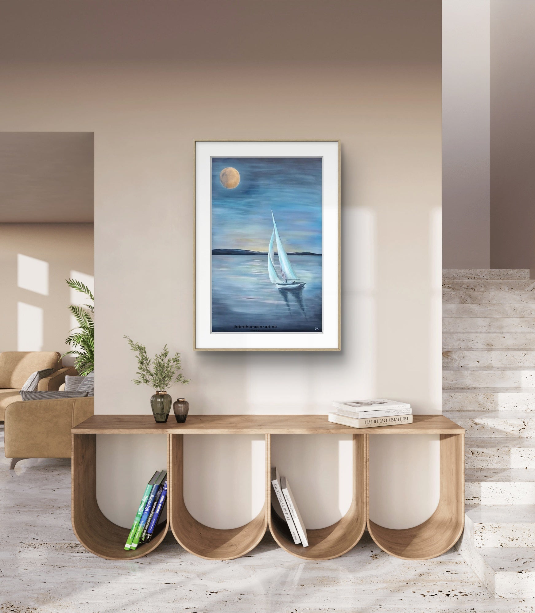 Signert kunstprint "Summer Night" 70x100 cm av JL Abrahamsen – seilbåt i måneskinn - maritim kunst til stuen. Calm art