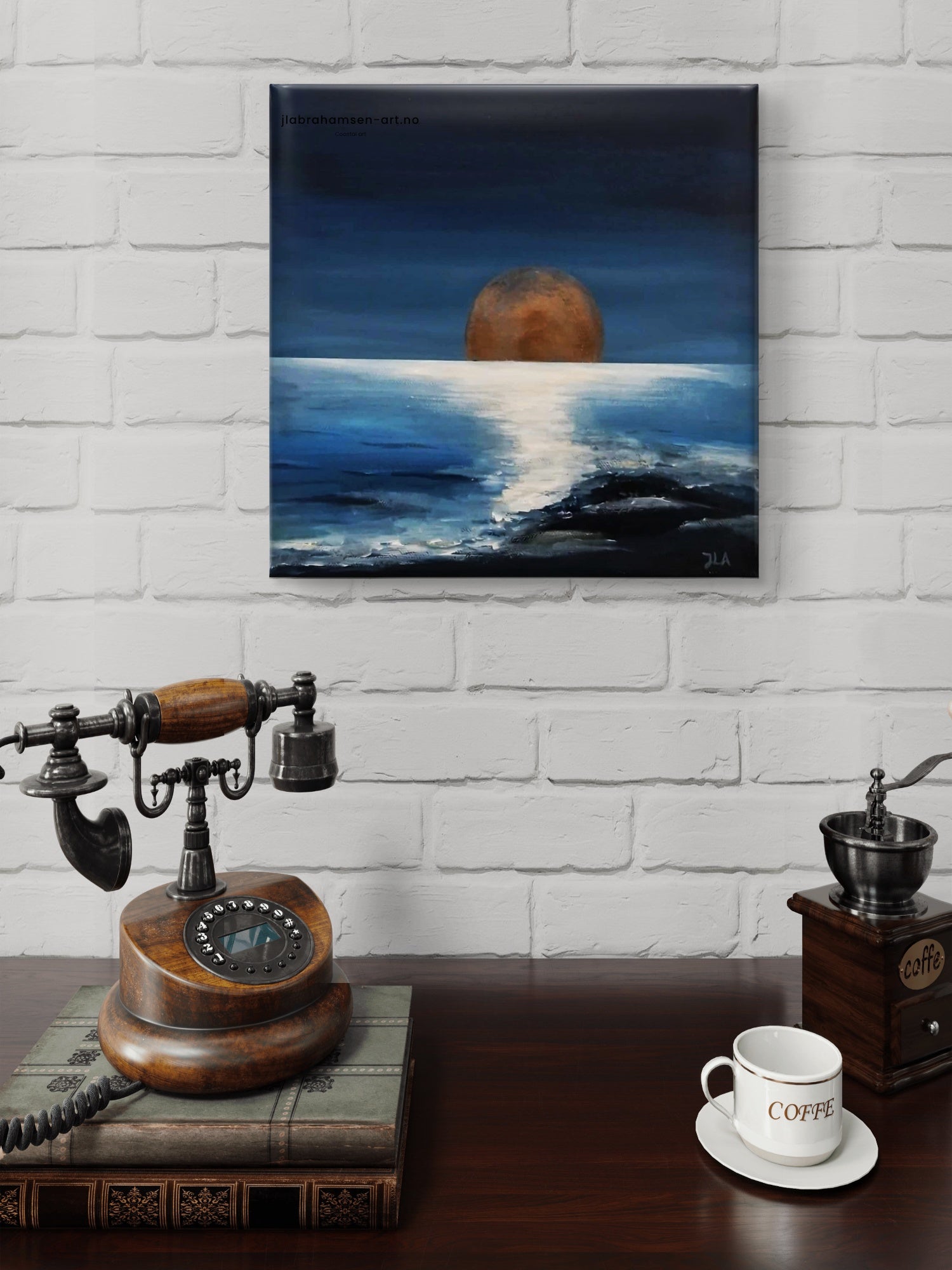 Peace of Mind akrylmaleri 30x30 cm – måne over havet av JL Abrahamsen. Maritim og nostalgisk kunst