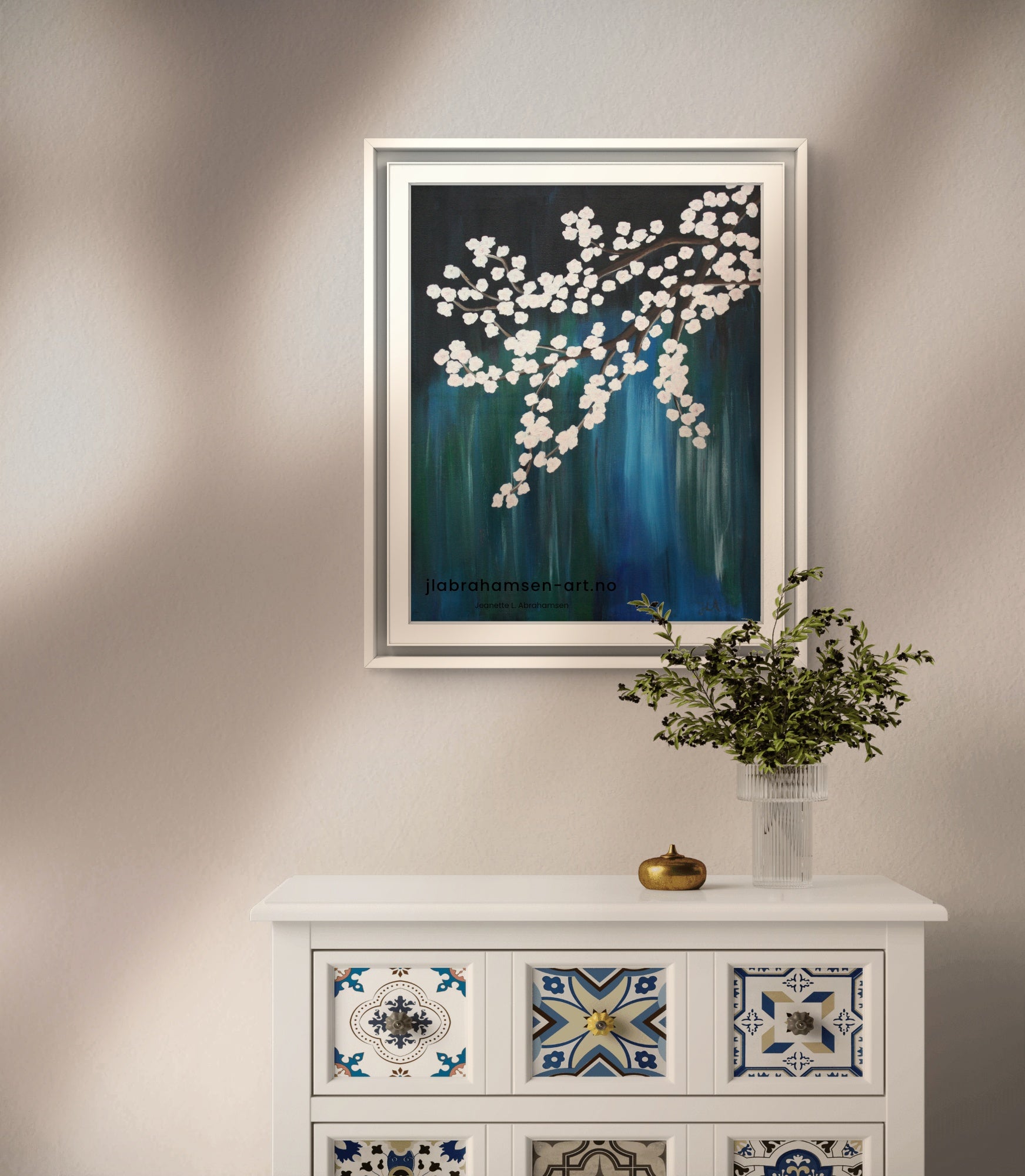 Signert kunstprint "Cherry Blossom" 50x70 cm av JL Abrahamsen – kirsebærblomster i blomstring, nordisk kunst som gir ro. Calm art and domestic rituals