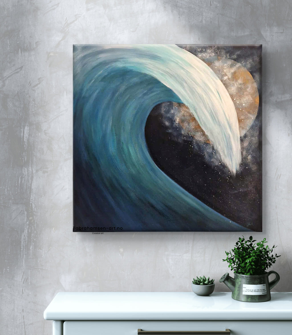 The Wave of Life akrylmaleri av JL Abrahamsen – bølge i måneskinn for en maritim look i stuen