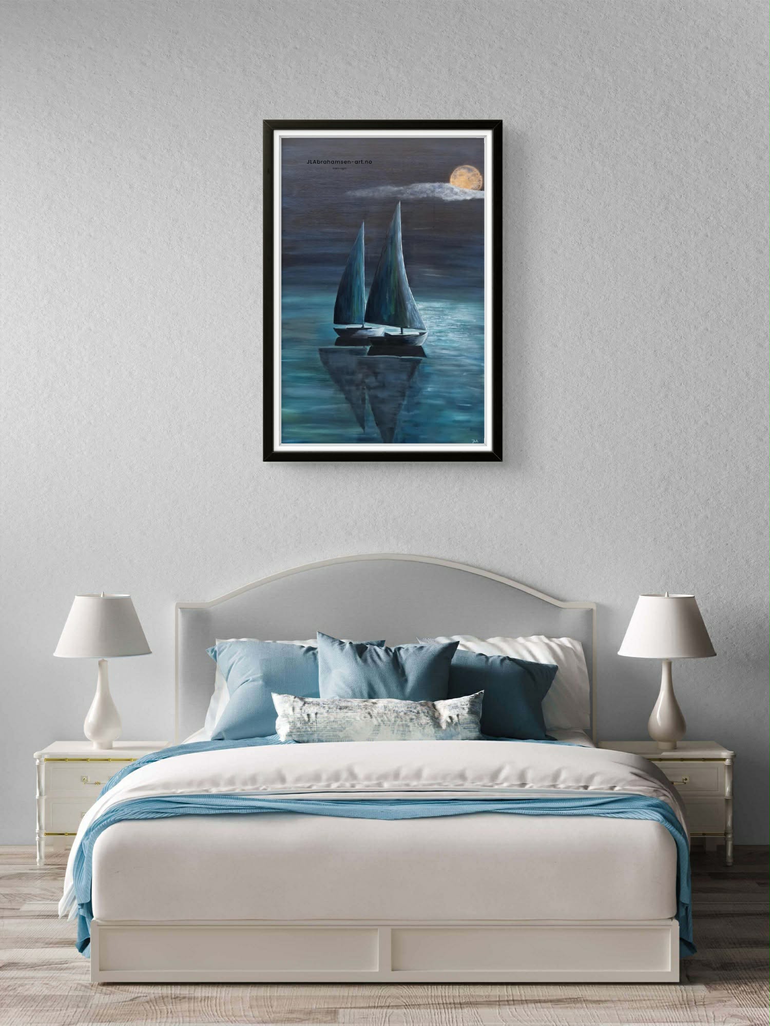 Kunst print av Calm Night 70x100 cm – to seilbåter i måneskinn av bergensk  kunstner JL Abrahamsen. Rolig, stemningsfullt og maritim kunst til soverom