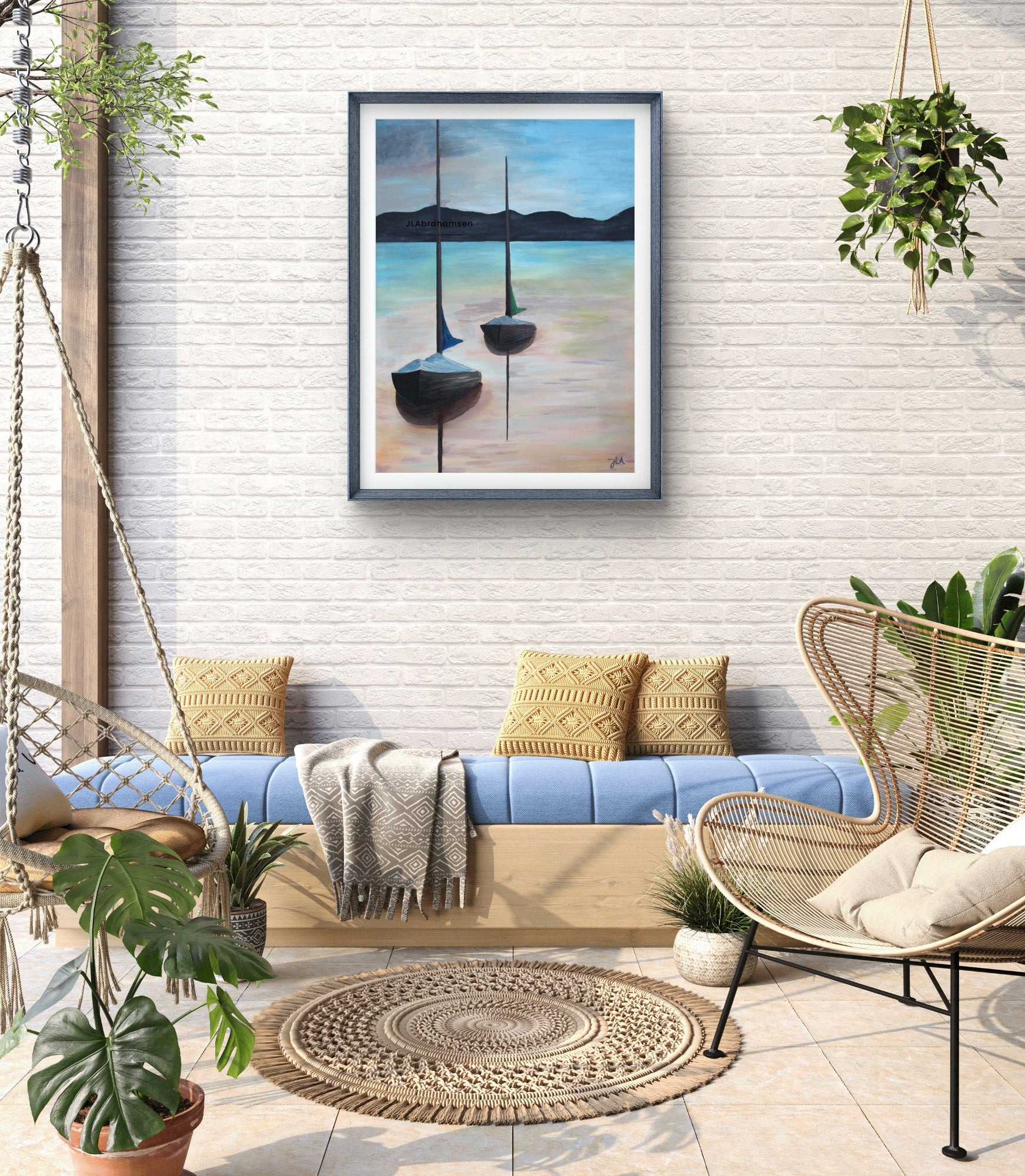 Signert kunstprint "Peaceful Days" 60x80 cm av JL Abrahamsen – to seilbåter en sommerdag, nordisk maritim kunst til stuen og sommerhuset