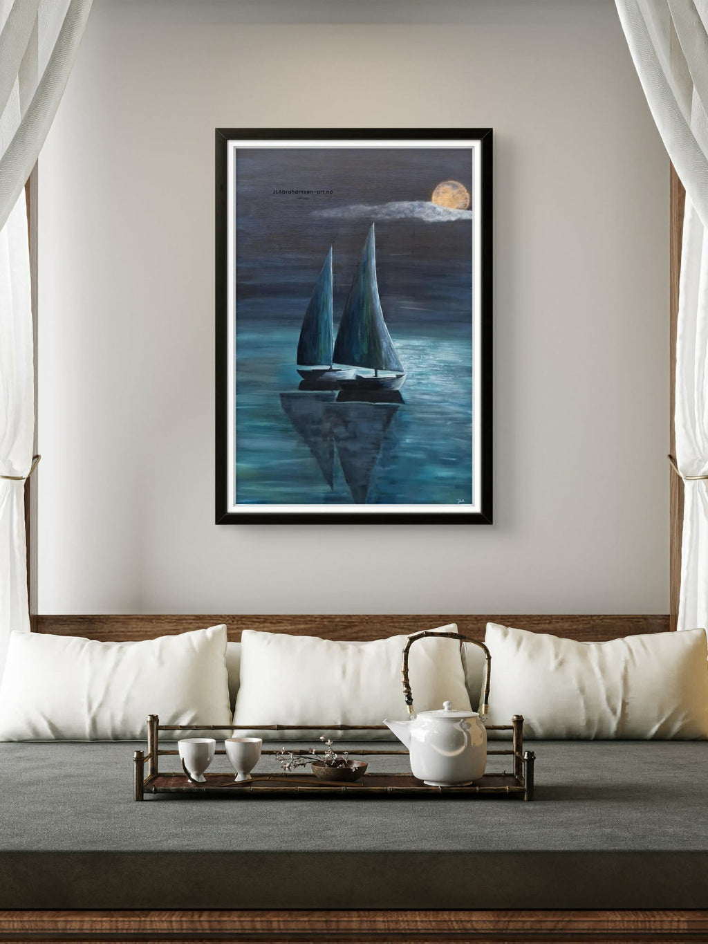 Fine Art print av Calm Night 70x100 cm – to seilbåter i måneskinn av norsk kunstner JL Abrahamsen. Mystisk, steminigsfullt og maritim kunst til stuen.