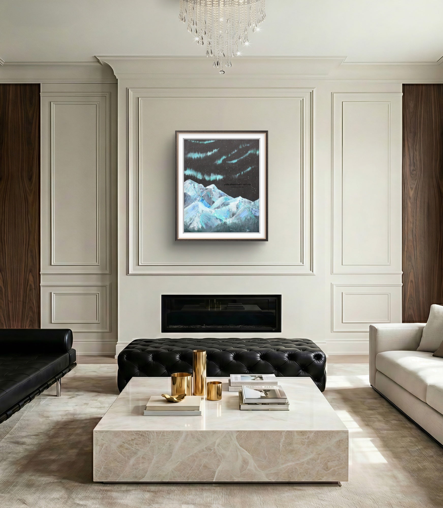 Signert kunstprint "Nordic Lights" 50x70 cm av JL Abrahamsen – nordlys over nordisk landskap, rolig kunst til stuen