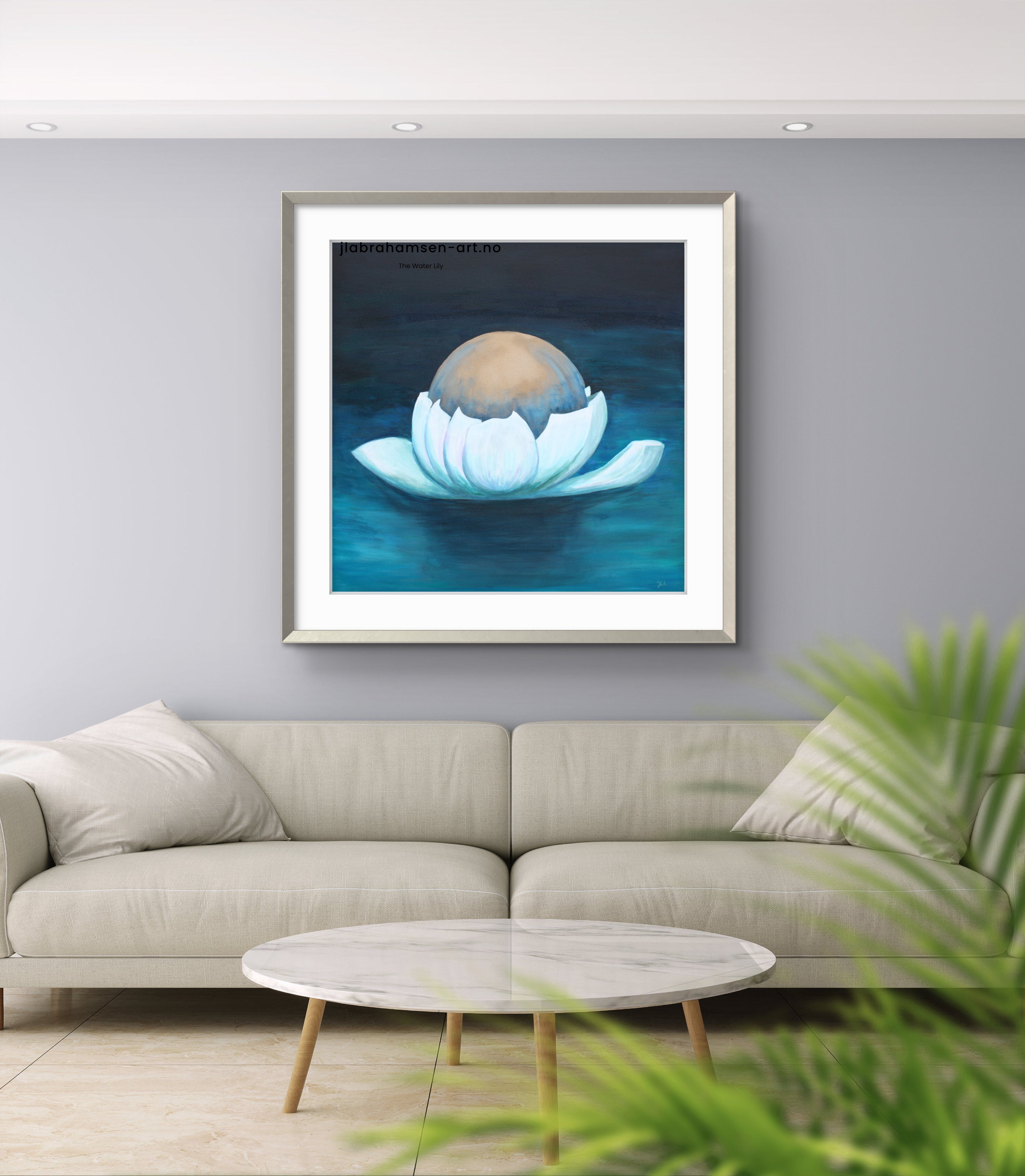 Signert kunstprint "The Water Lily" 90x90 cm av JL Abrahamsen – vannlilje flyter på blågrønt vann. Calm art