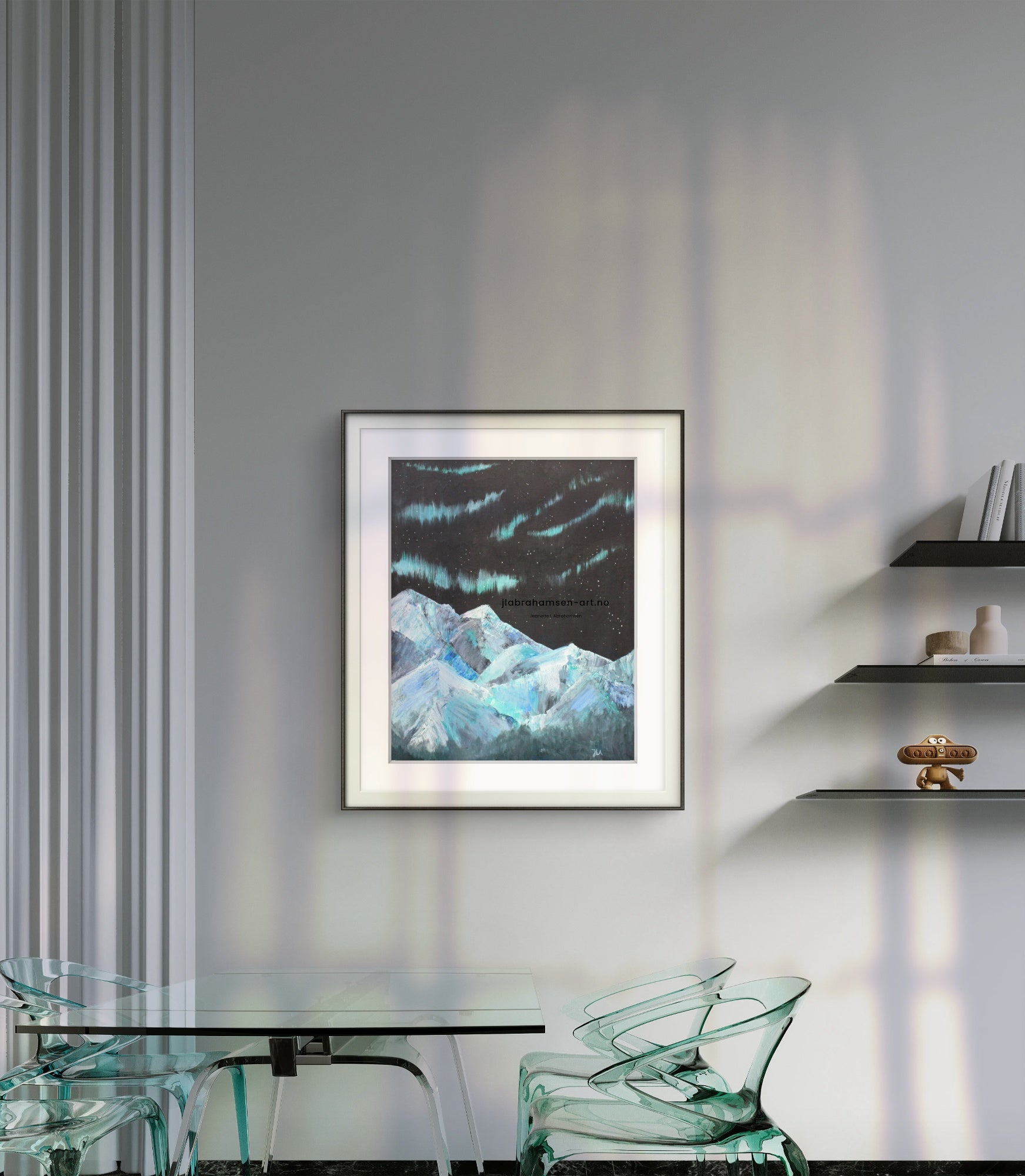 Signert kunstprint "Nordic Lights" 50x70 cm av JL Abrahamsen – nordlys over nordisk landskap, kunst til spisestuen