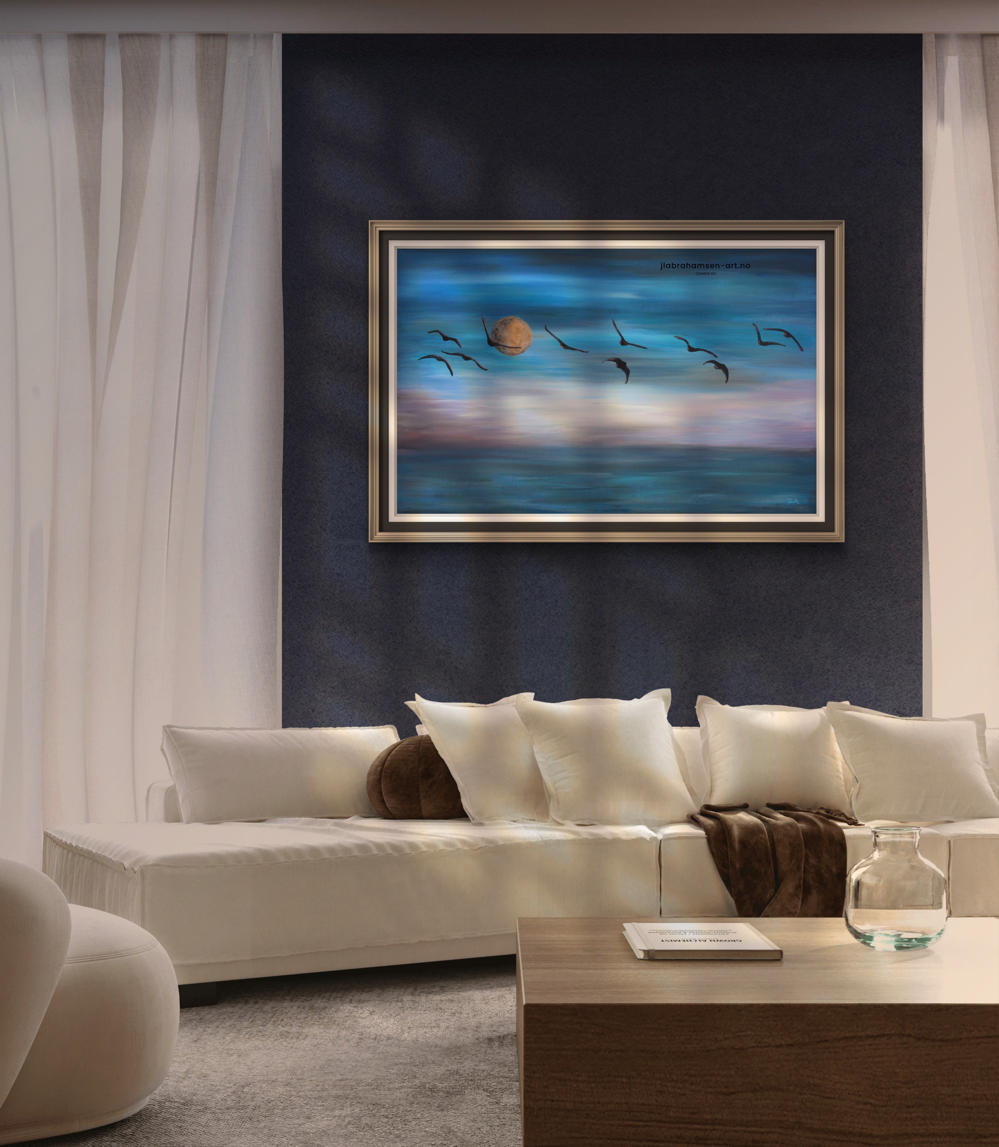 Kunst print av "The Wings of Freedom" 70x100 cm av JL Abrahamsen – fugleflokk over havet med måne, nordisk maritim kunst, calm coastal art