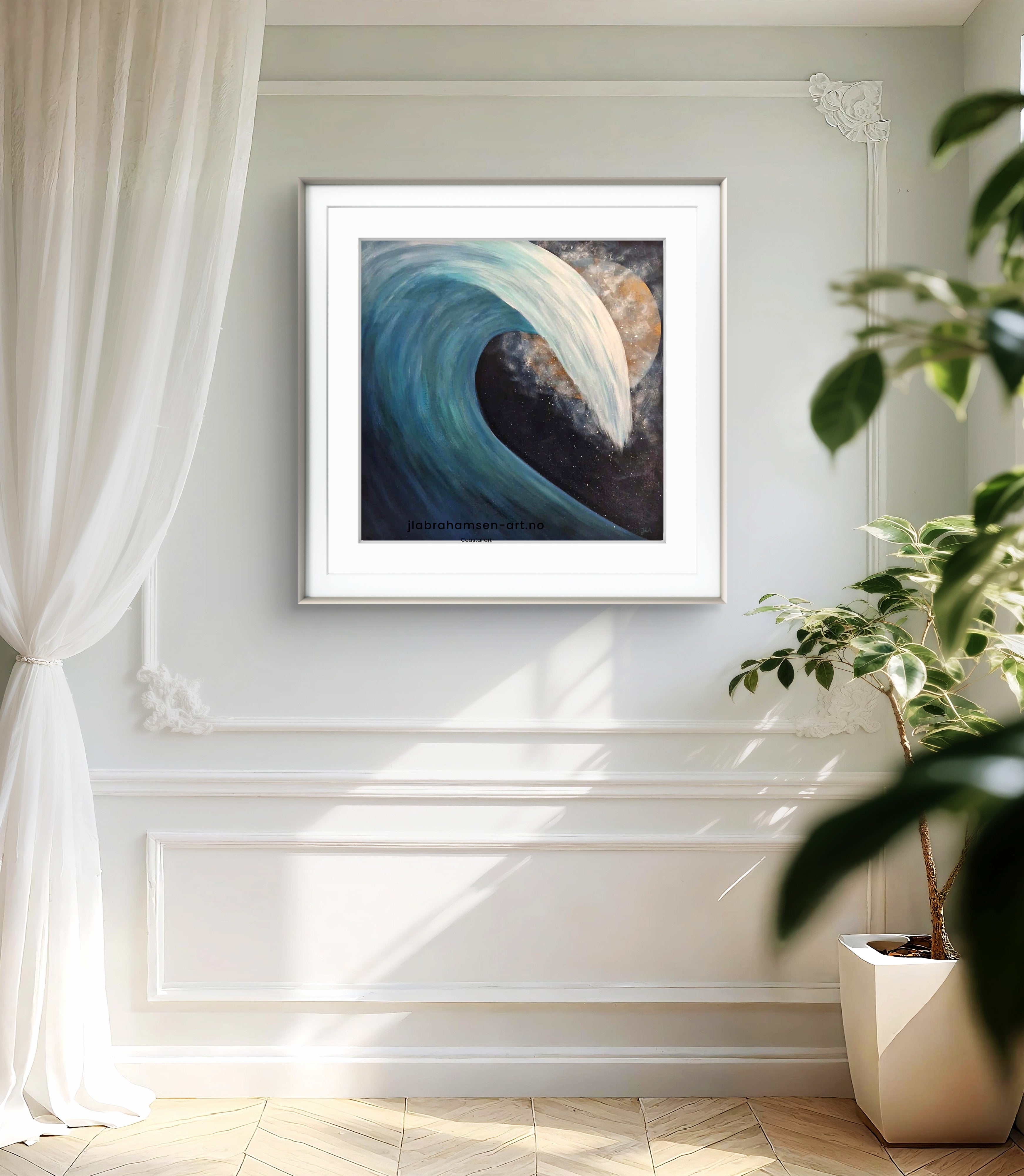 Calm art: The Wave of Life signert kunst print 60x60 cm – bølge i måneskinn av JL Abrahamsen. Norsk maritim kunst