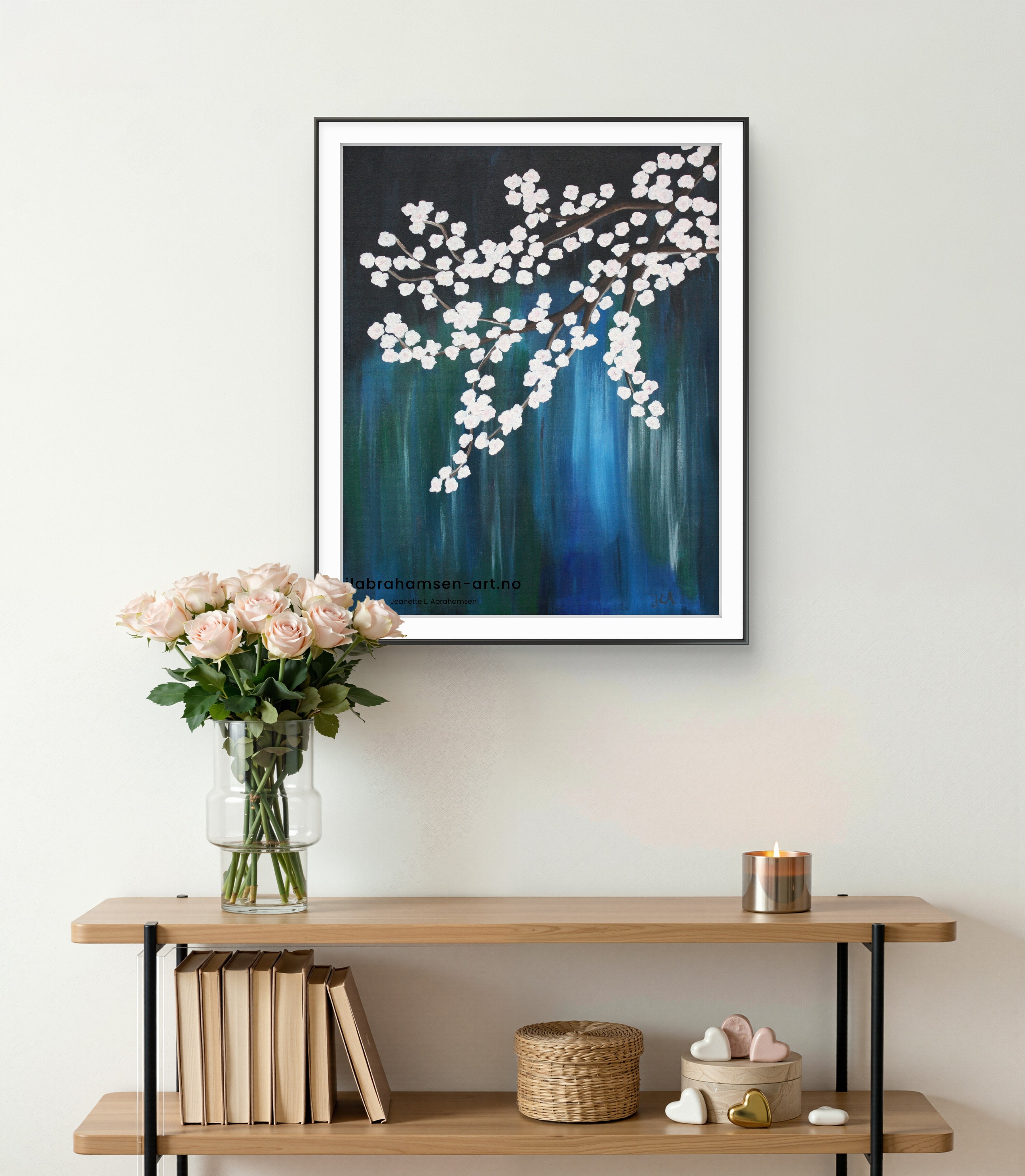Signert kunstprint "Cherry Blossom" 50x70 cm av JL Abrahamsen – kirsebærblomster i blomstring, nordisk kunst. Calm art and domestic rituals