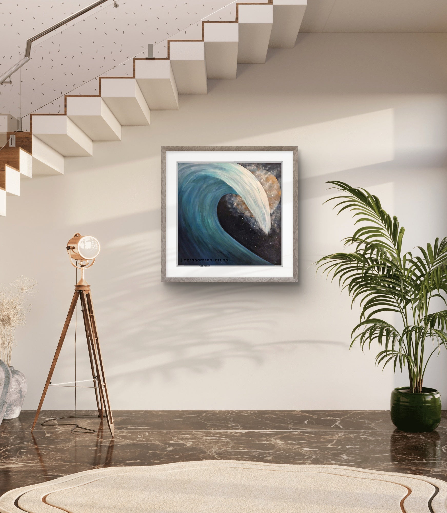 Calm coastal art, The Wave of Life signert kunst print 60x60 cm – bølge i måneskinn av JL Abrahamsen