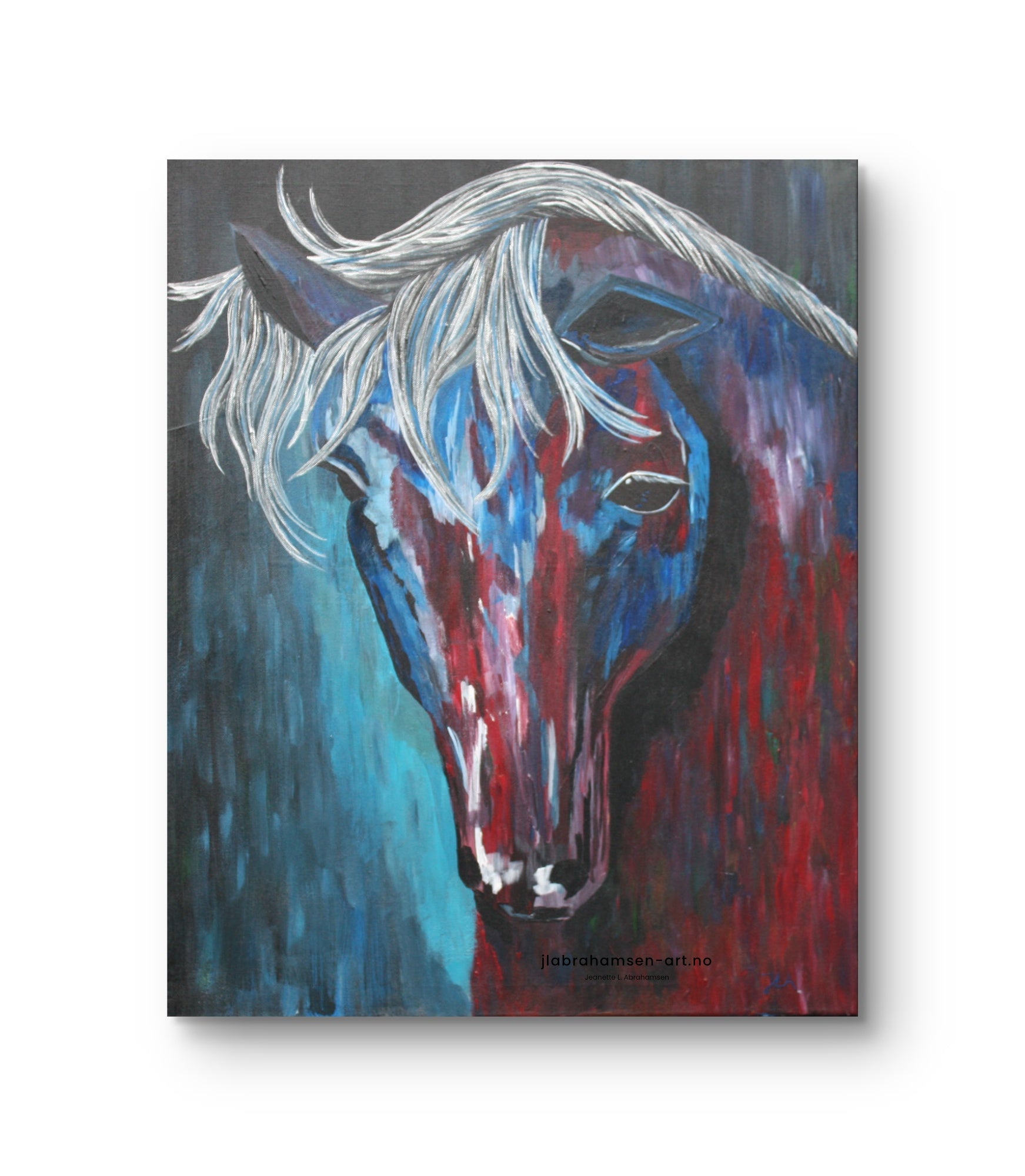 "I Am Listening" 50x70 cm signert kunstprint av norsk kunstner JL Abrahamsen, abstrakt hest i blå og sølvtoner