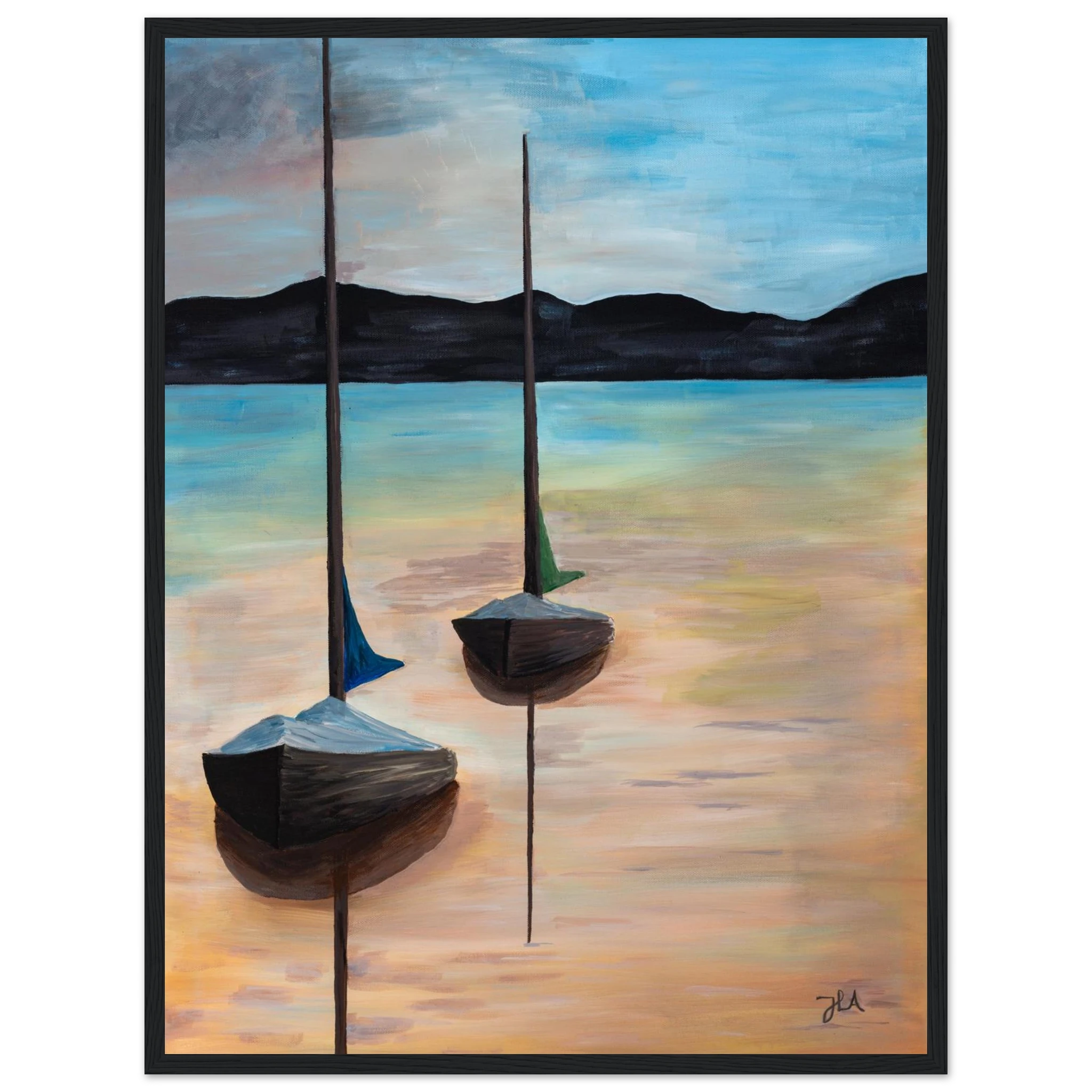Innrammet kunst plakat 45 x 60 cm og A3 av norsk kunstner JL Abrahamsen, maritim kunst av seilbåter som gir ro og varme