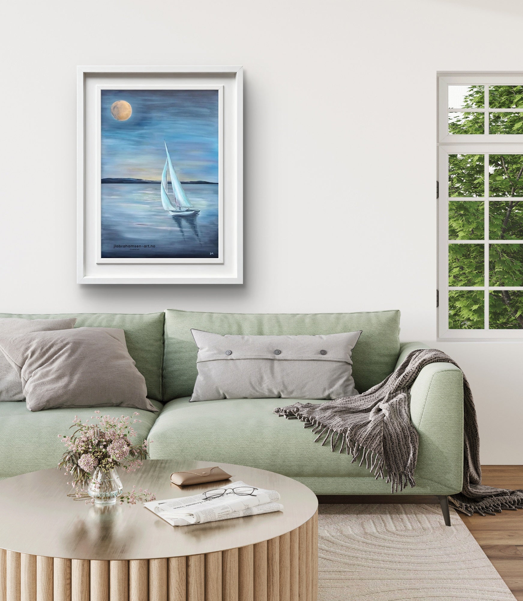 Signert kunstprint "Summer Night" 70x100 cm av JL Abrahamsen – seilbåt i måneskinn - maritim kunst til stuen. Calm art