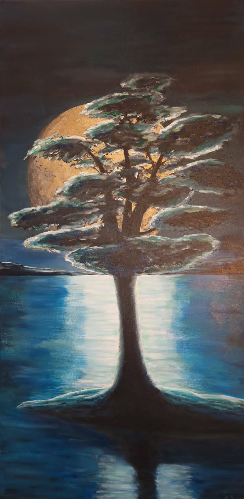 Signert fine art print "Strong Roots" 50x100 cm av JL Abrahamsen – tre ved vann i månelys, blåtoner